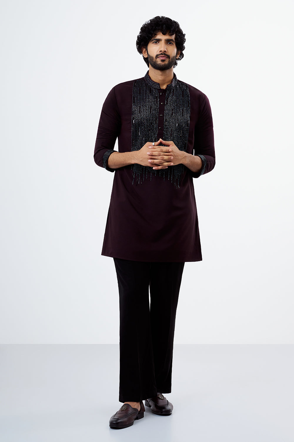 Wine Polyester Cotton Men's Kurta Set with Sequin Work