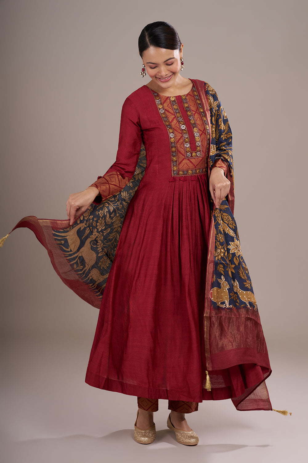 Wine Red Silk Blend Anarkali Suit Set with Mirror Work