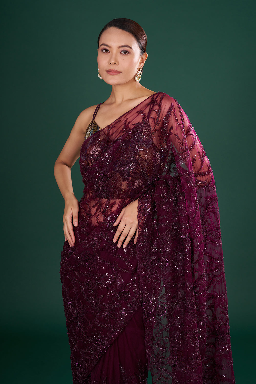 Wine Net Saree with Thread Embroidery and Unstitched Blouse