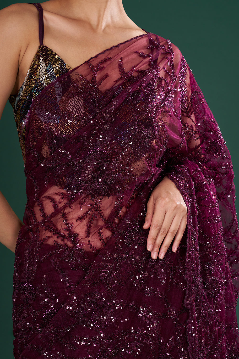 Wine Net Saree with Thread Embroidery and Unstitched Blouse