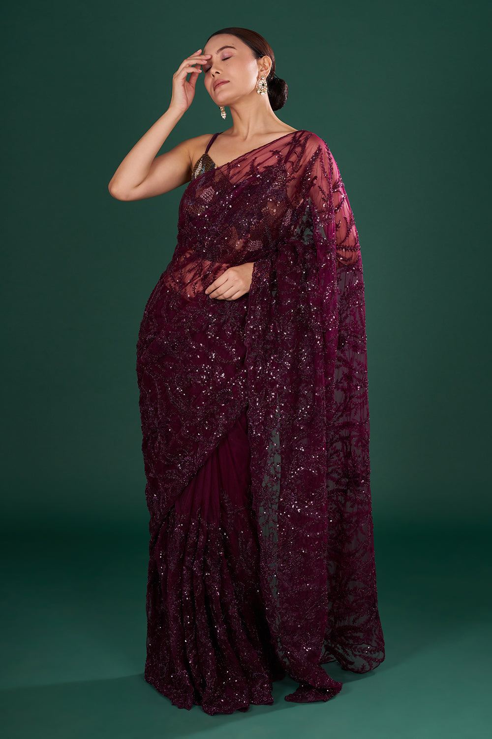 Wine Net Saree with Thread Embroidery and Unstitched Blouse