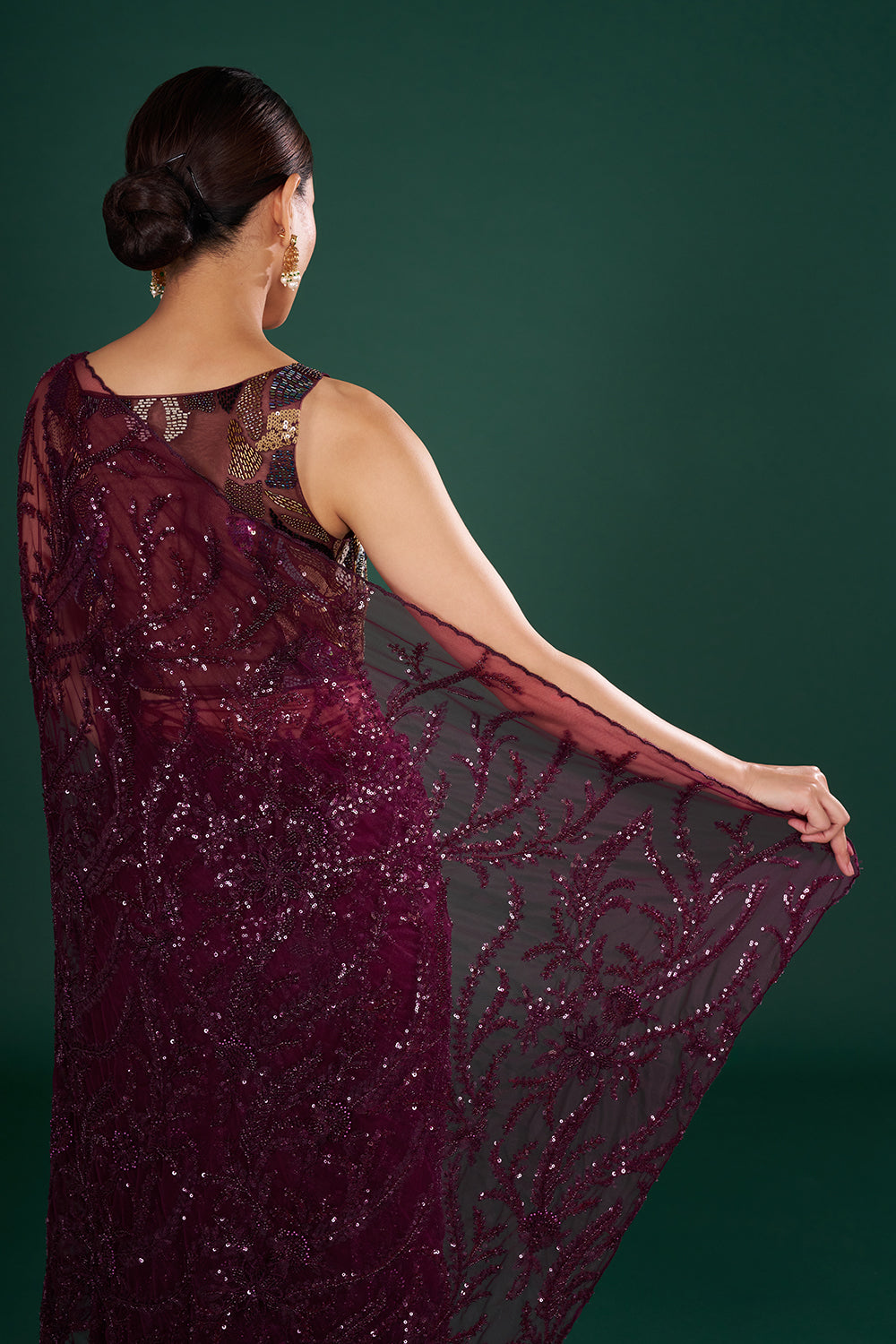 Wine Net Saree with Thread Embroidery and Unstitched Blouse