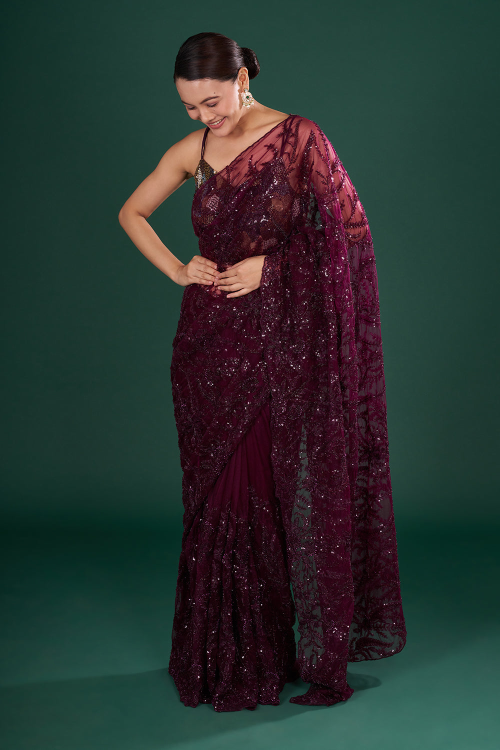 Wine Net Saree with Thread Embroidery and Unstitched Blouse