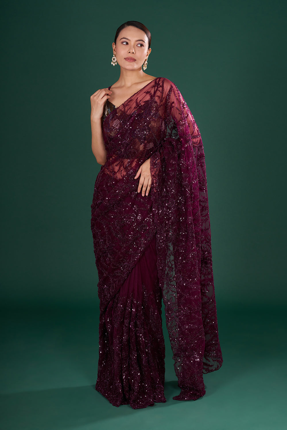 Wine Net Saree with Thread Embroidery and Unstitched Blouse