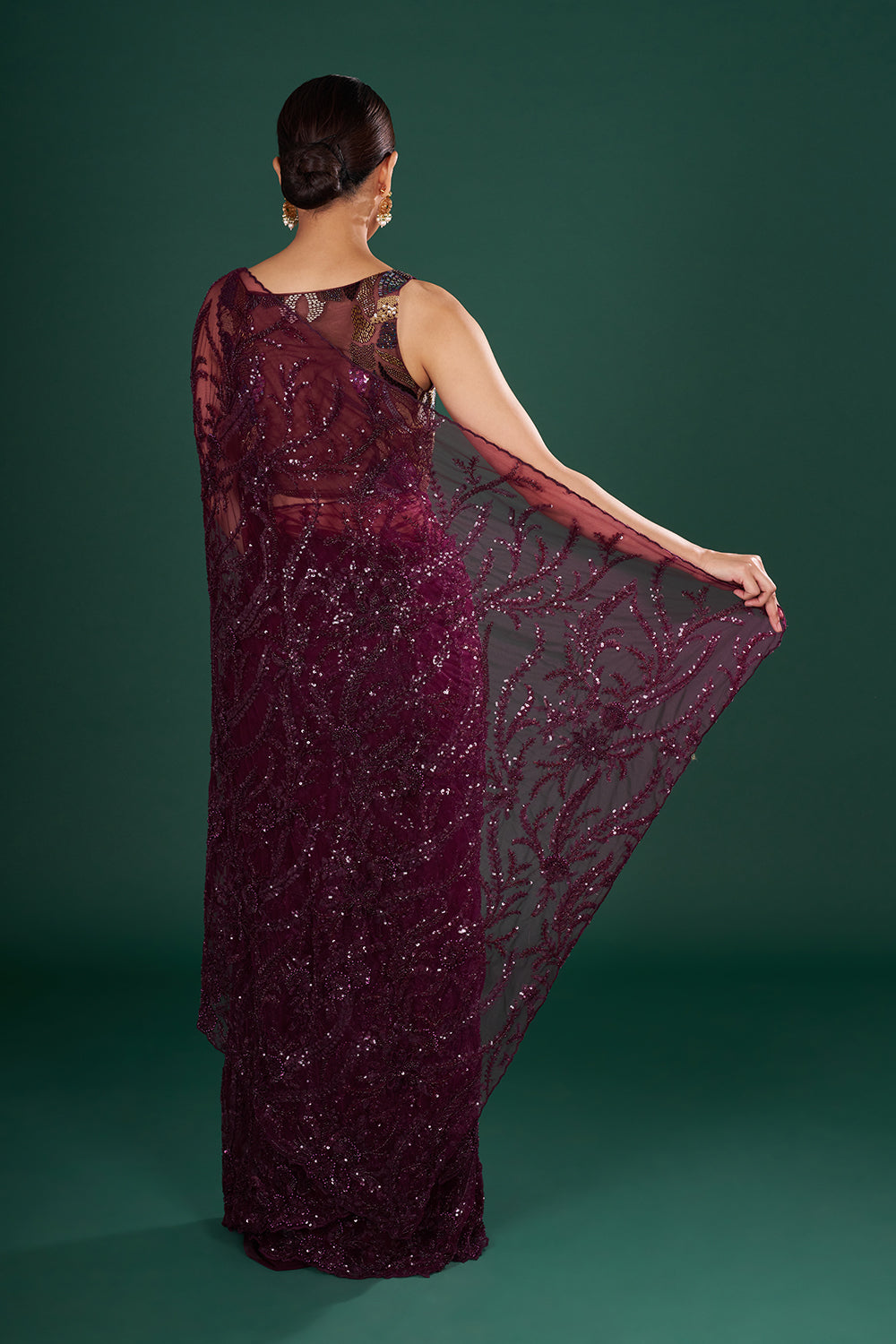 Wine Net Saree with Thread Embroidery and Unstitched Blouse