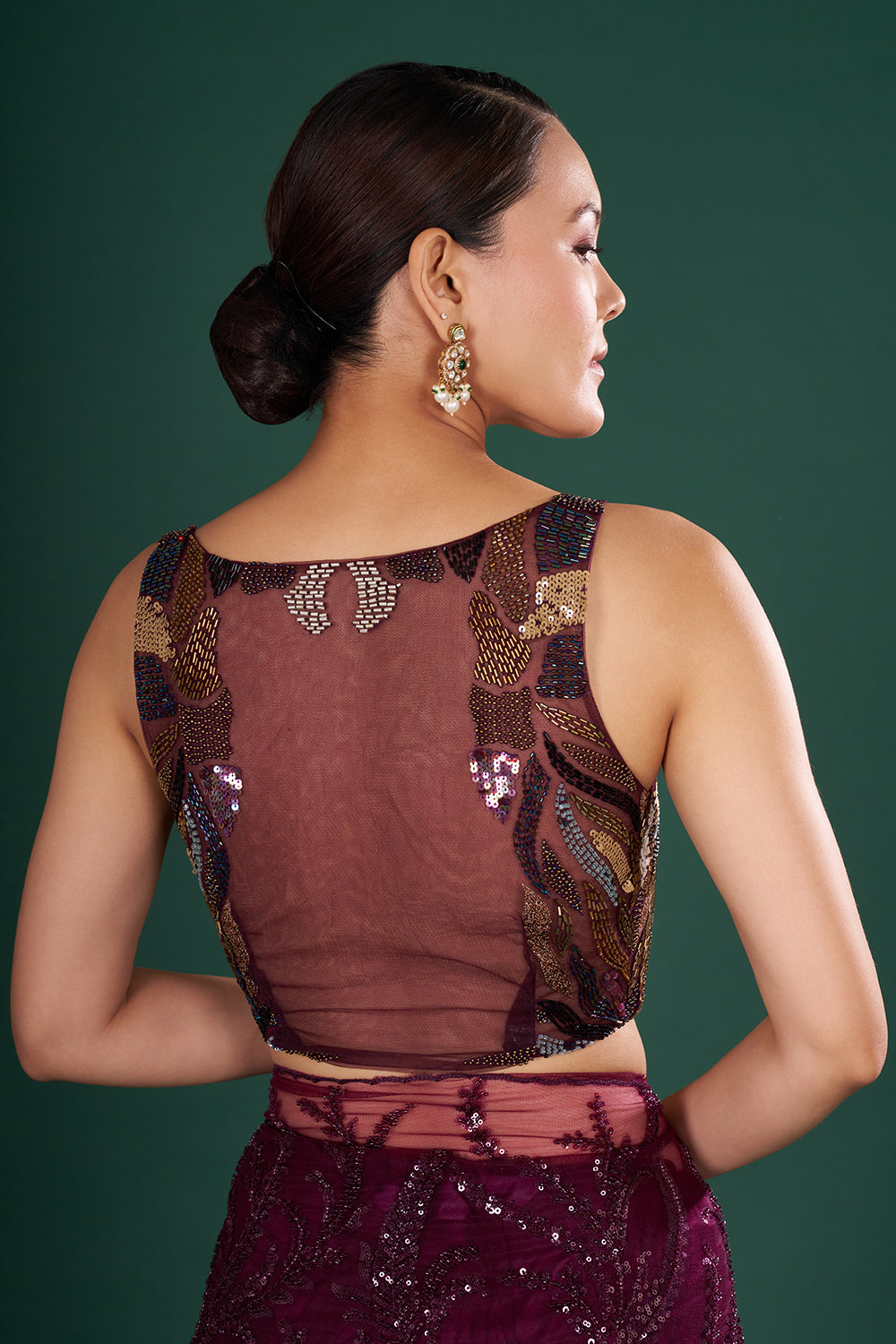 Wine Net Saree with Thread Embroidery and Unstitched Blouse