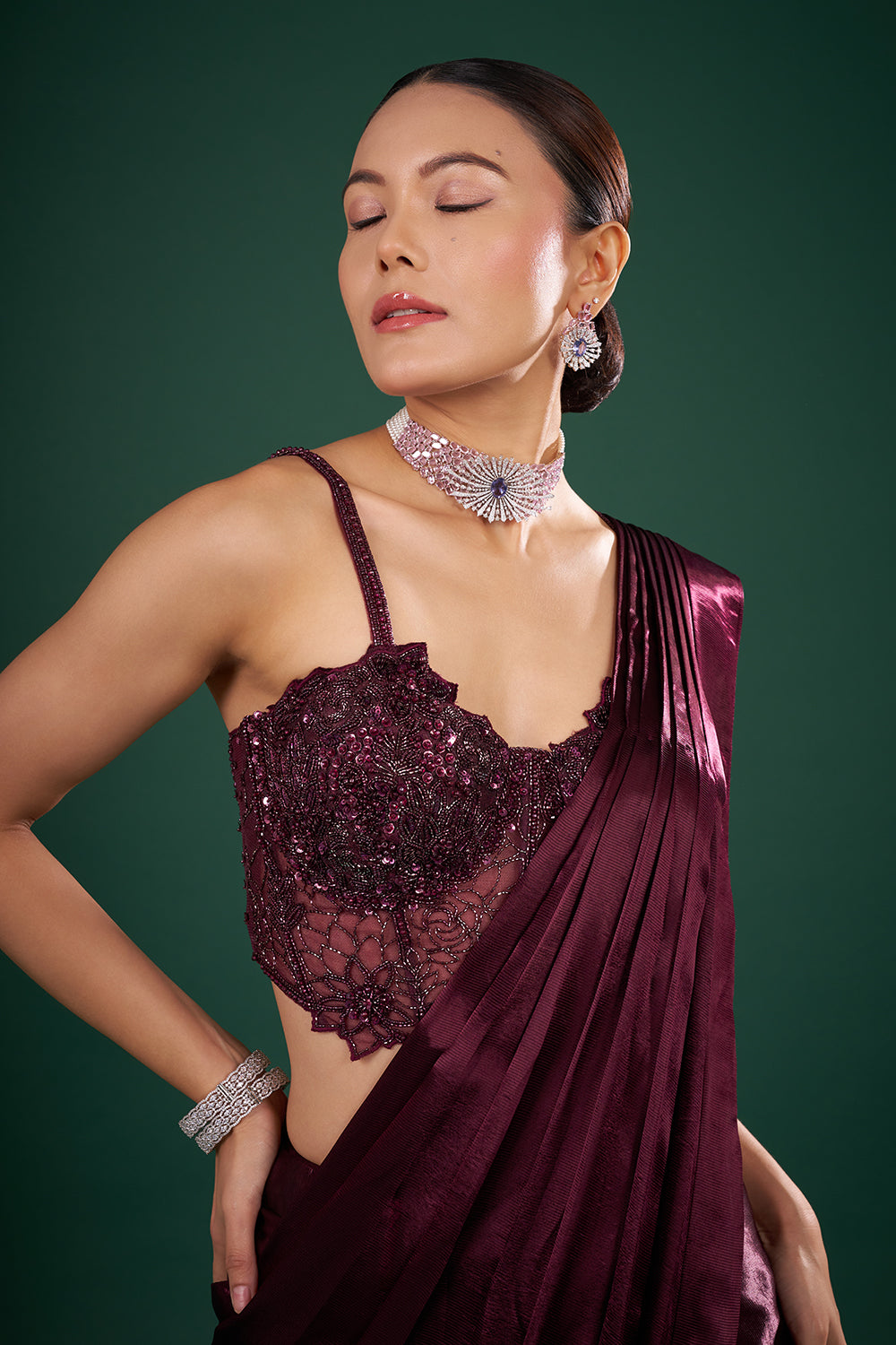Wine Satin Pre-Drape Saree and Unstitched Blouse
