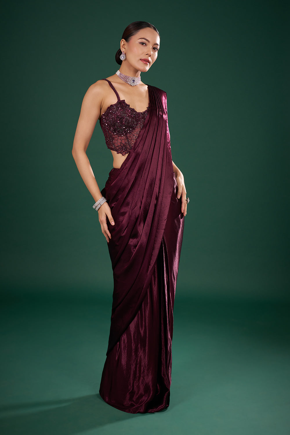 Wine Satin Pre-Drape Saree and Unstitched Blouse