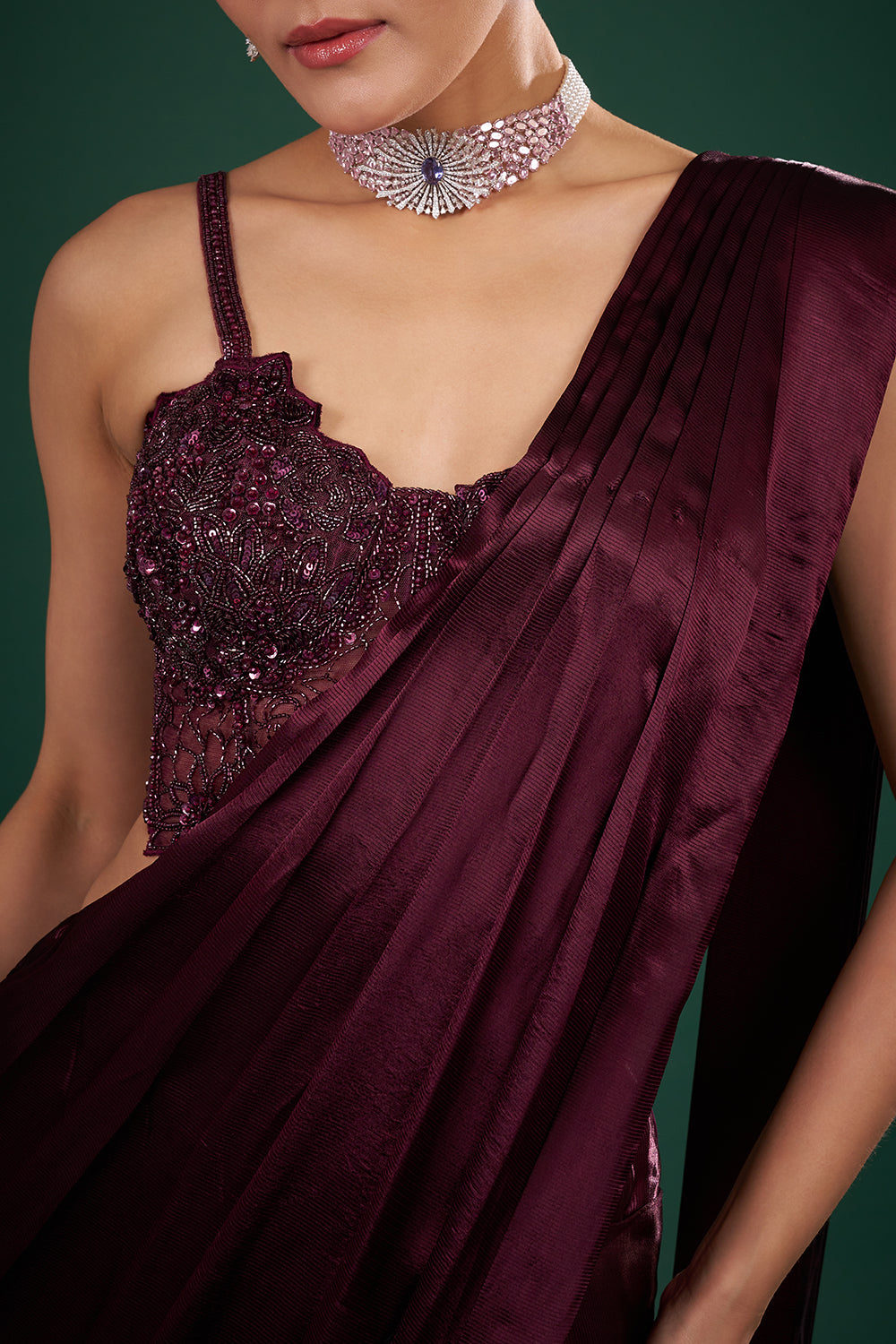 Wine Satin Pre-Drape Saree and Unstitched Blouse