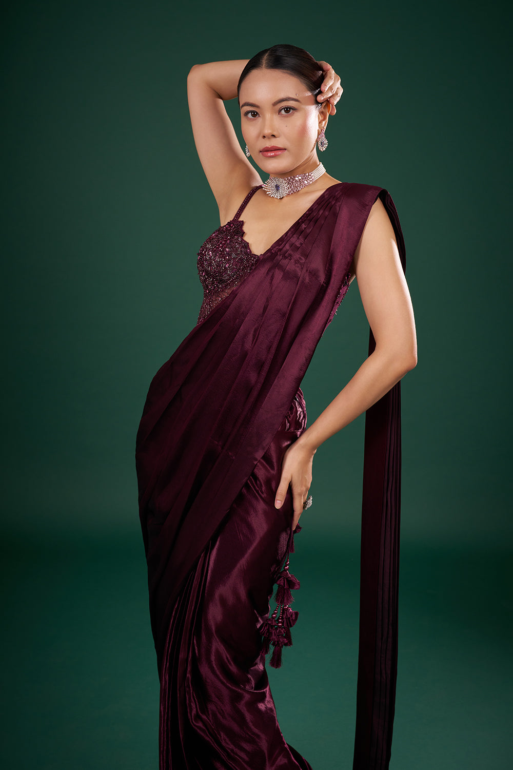 Wine Satin Pre-Drape Saree and Unstitched Blouse