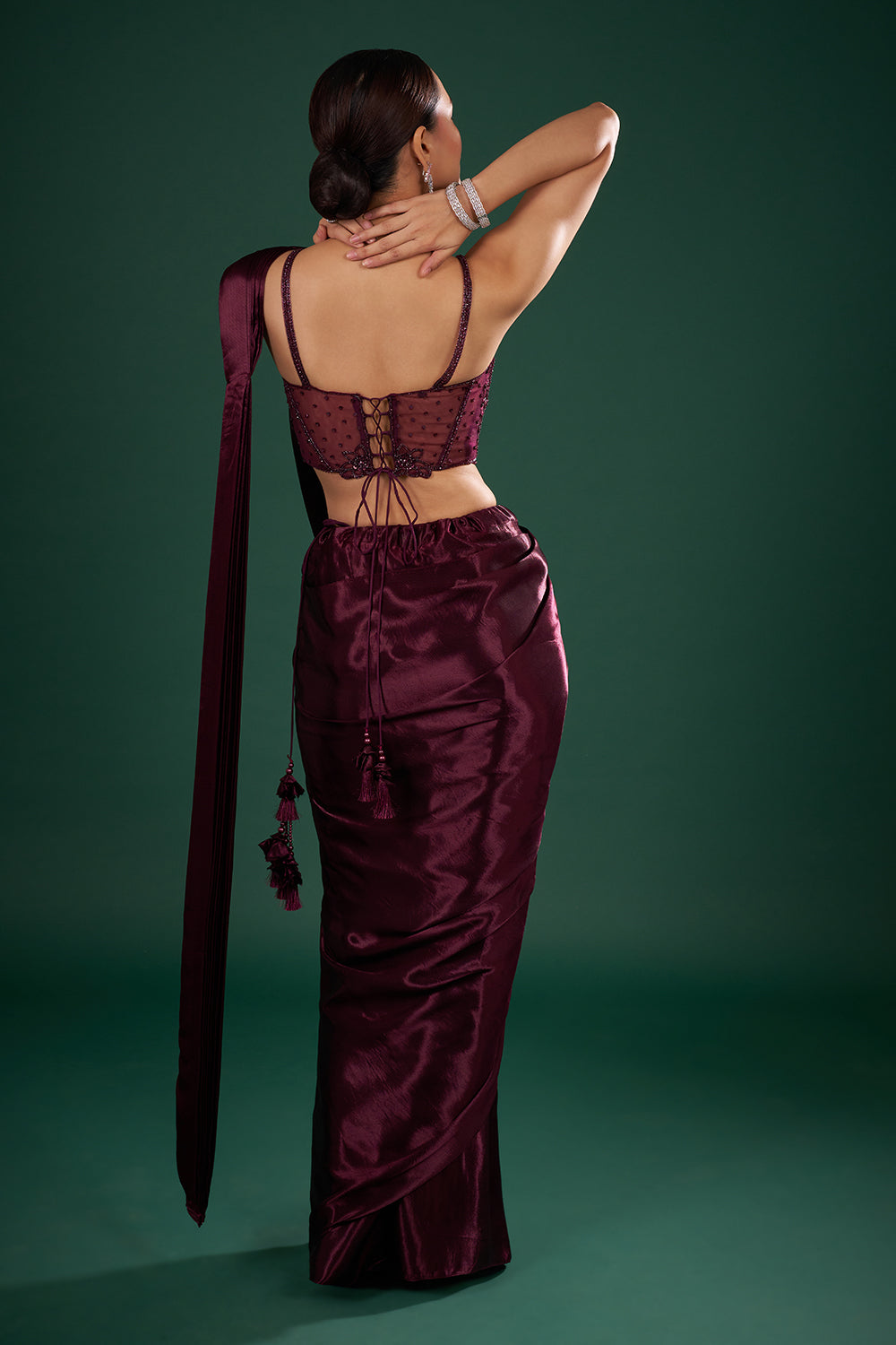 Wine Satin Pre-Drape Saree and Unstitched Blouse