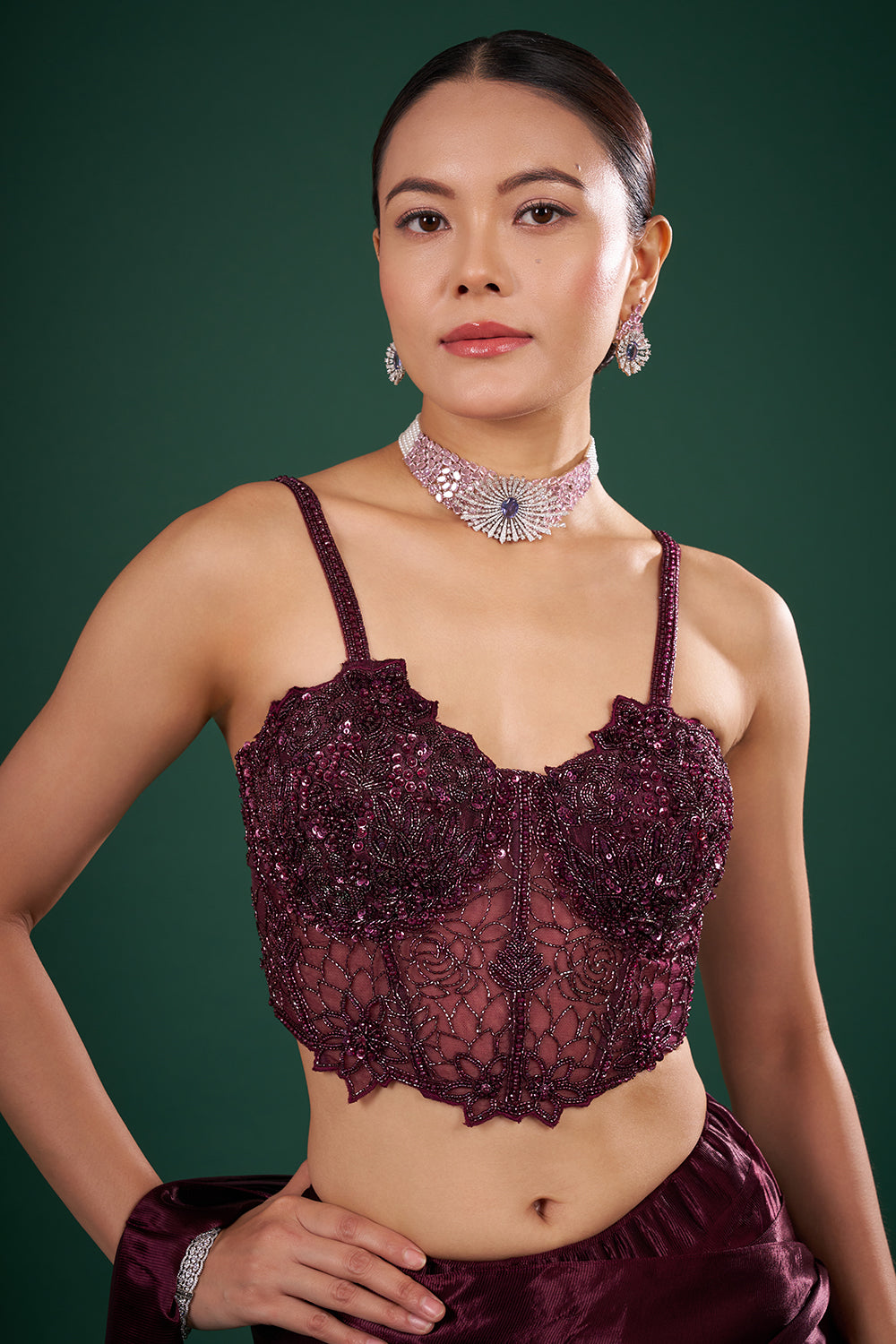 Wine Satin Pre-Drape Saree and Unstitched Blouse