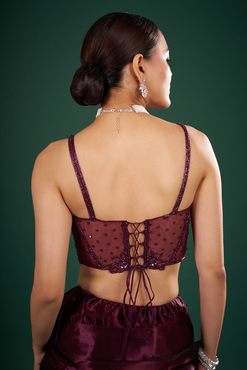 Wine Satin Pre-Drape Saree and Unstitched Blouse