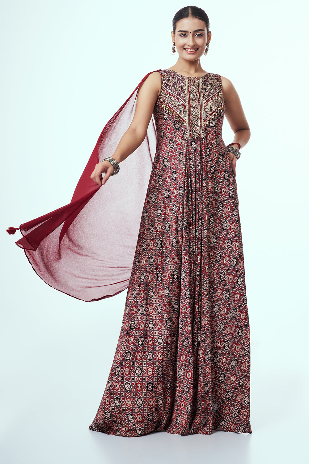Women’s Maroon Modal Indo-Western Dress with Sequins