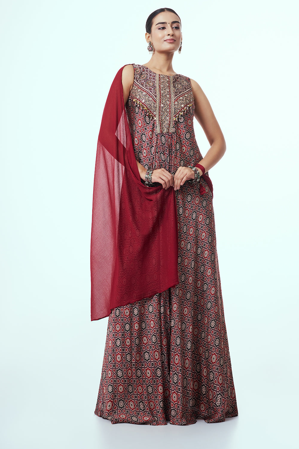 Women’s Maroon Modal Indo-Western Dress with Sequins