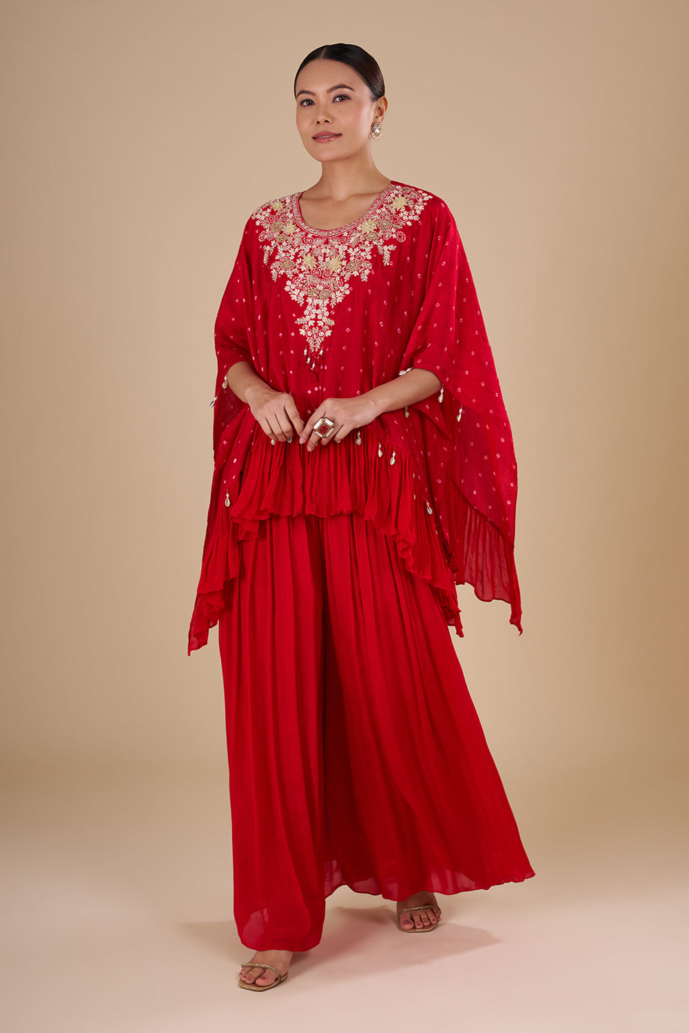 Zari Embroidery Crimson Chinon Kaftan Set