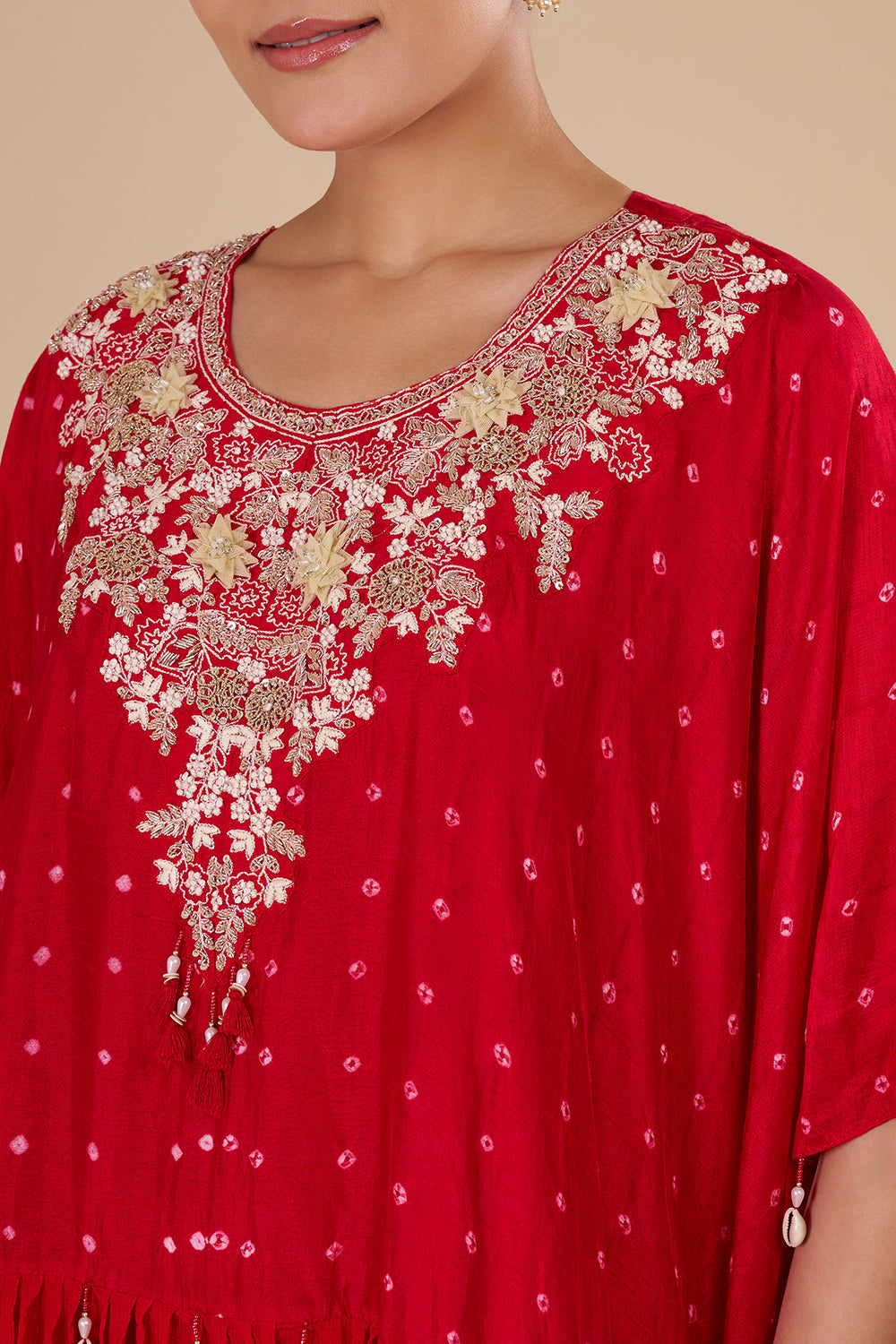 Zari Embroidery Crimson Chinon Kaftan Set