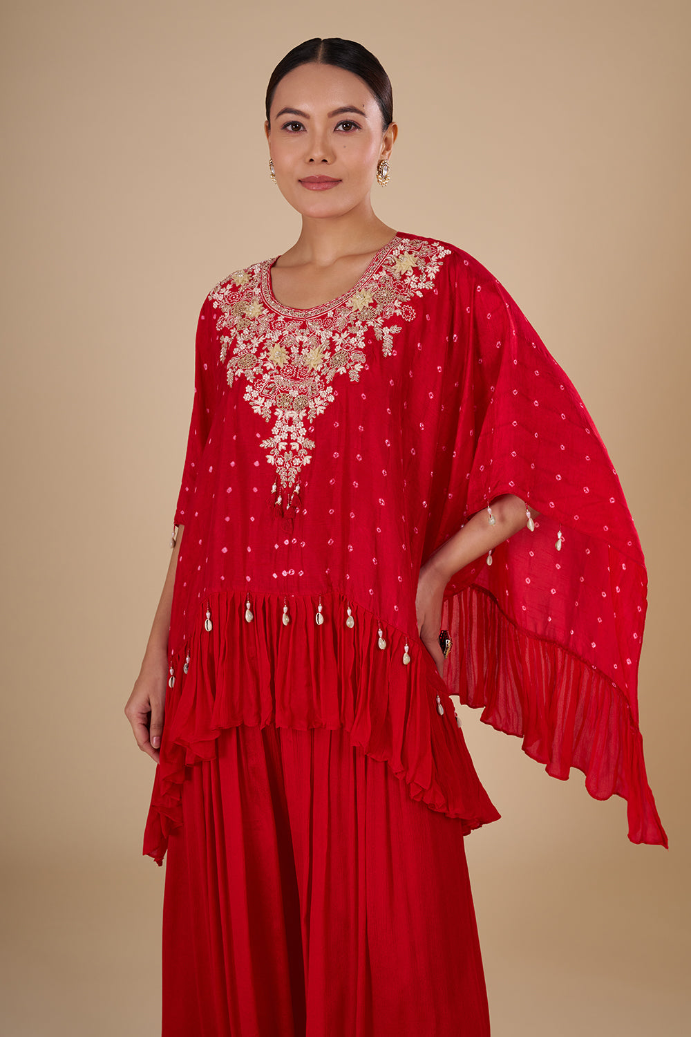 Zari Embroidery Crimson Chinon Kaftan Set
