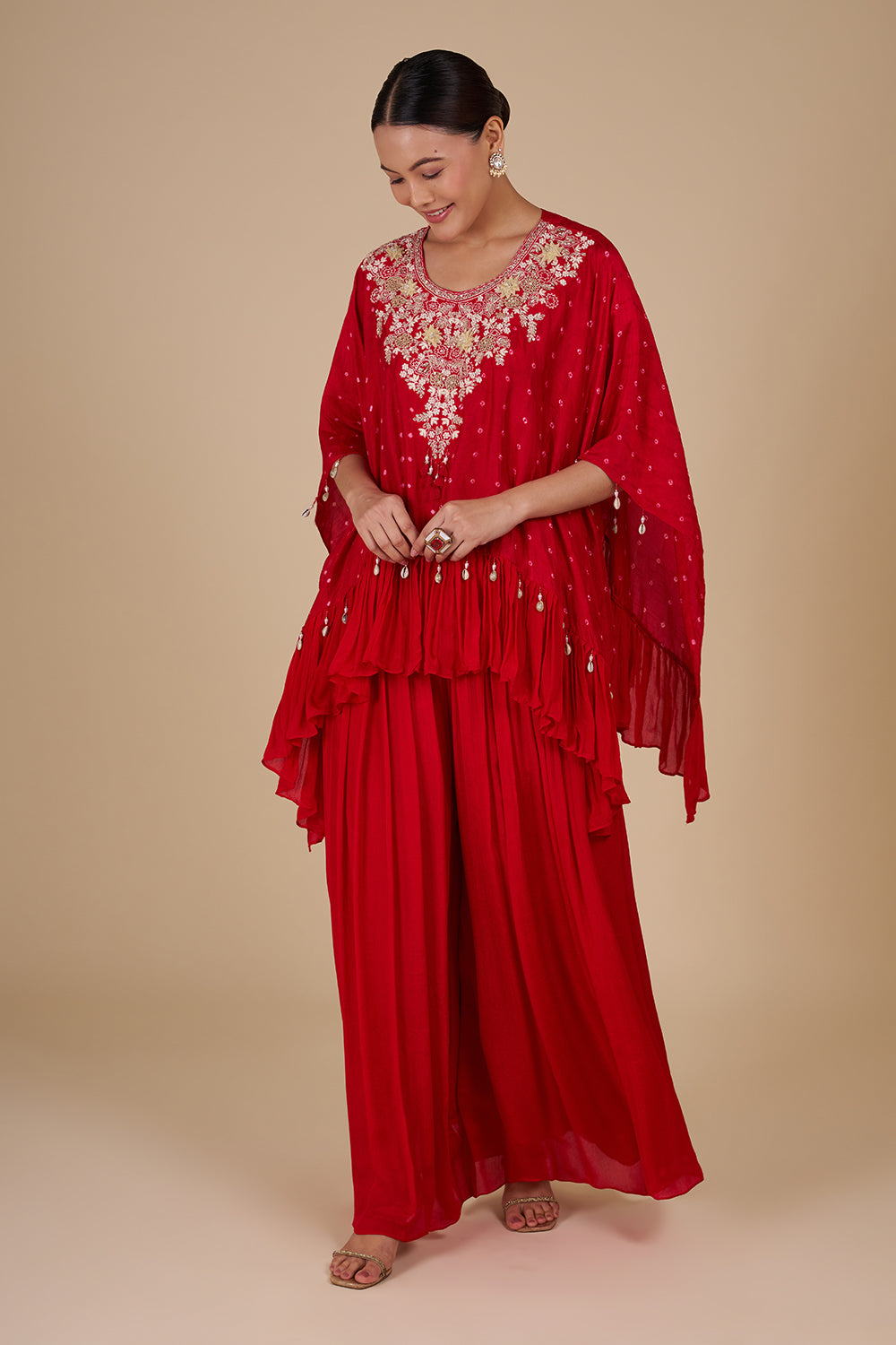 Zari Embroidery Crimson Chinon Kaftan Set