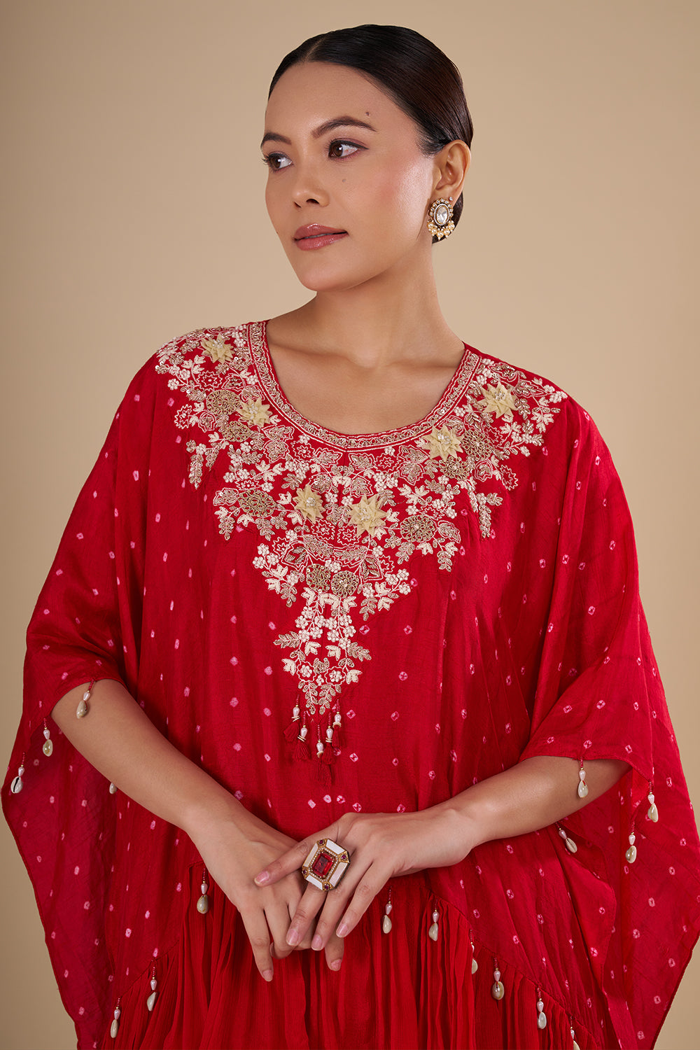 Zari Embroidery Crimson Chinon Kaftan Set