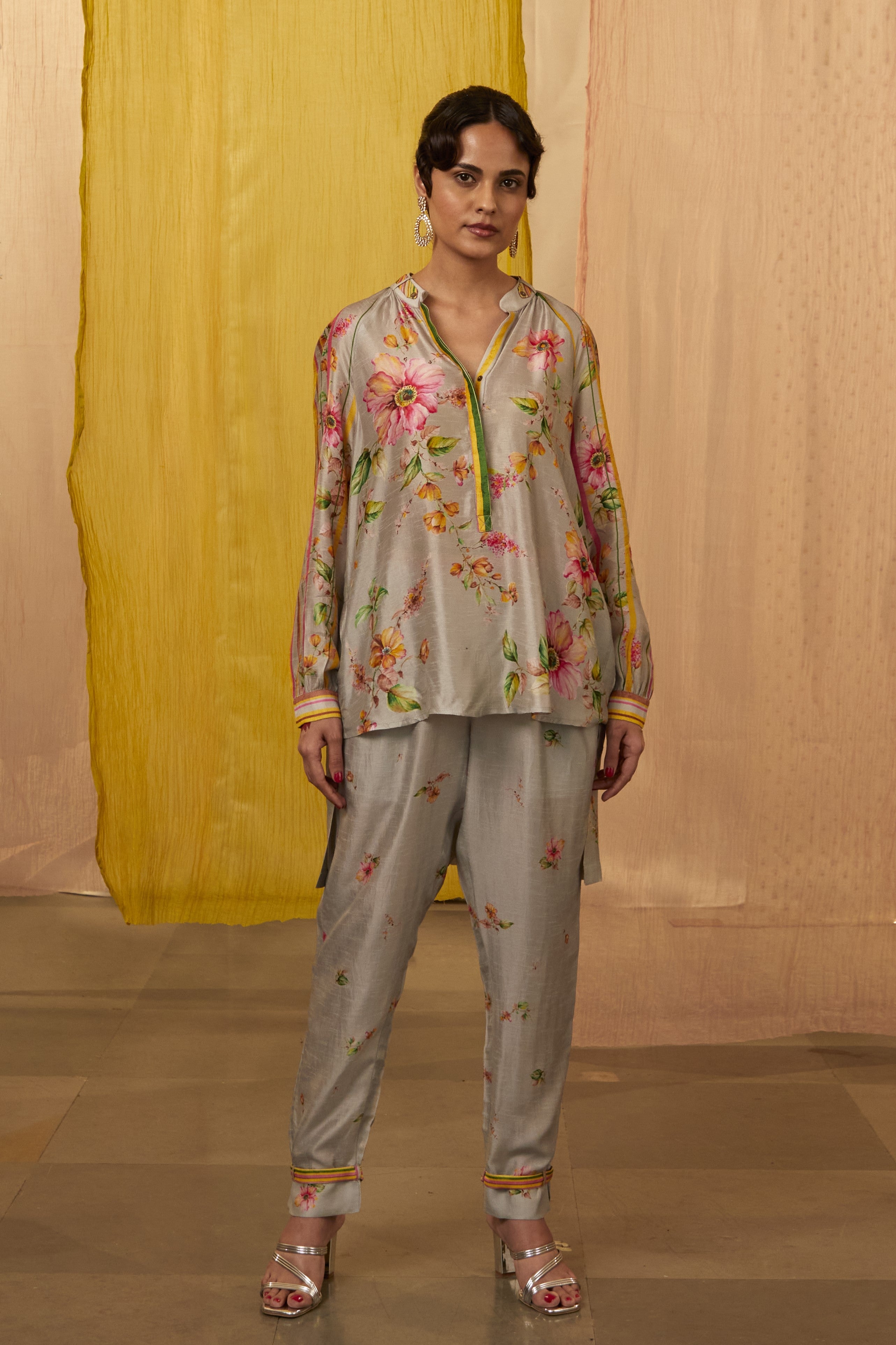 Grey Slub Silk Printed Floral Mandarin Collar Top And Pant Set