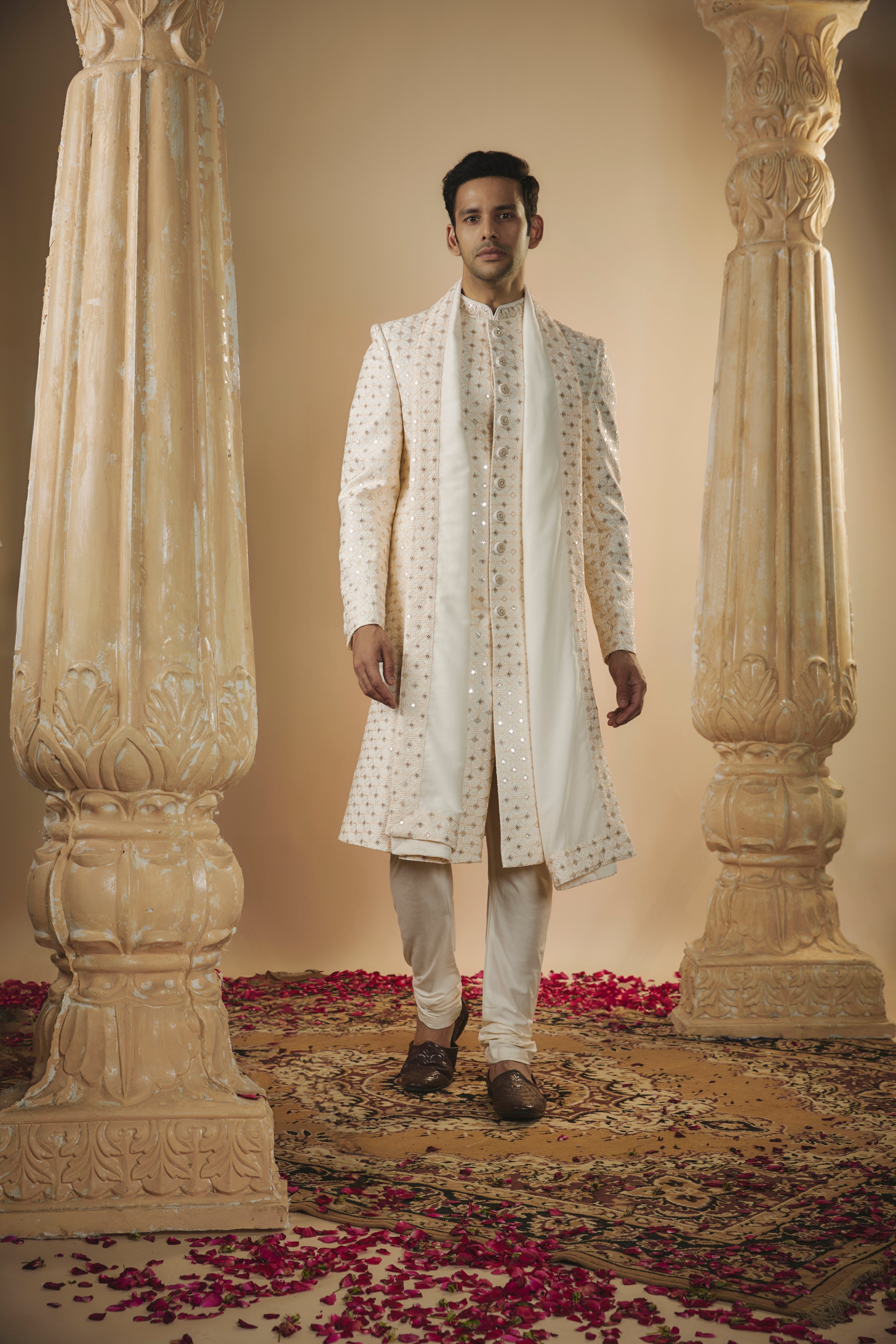 Off White lucknowi sequinned sherwani set
