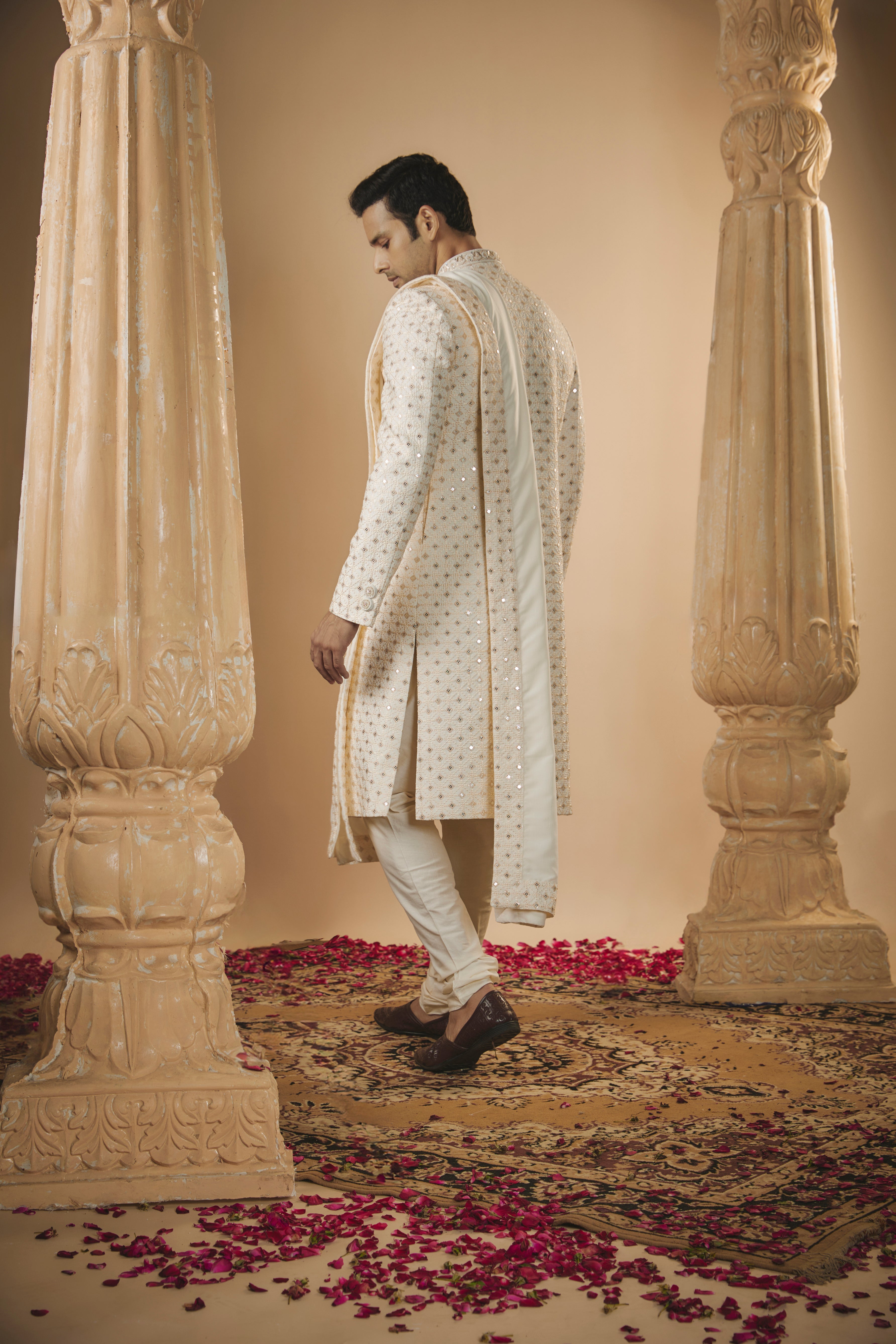 Off White lucknowi sequinned sherwani set