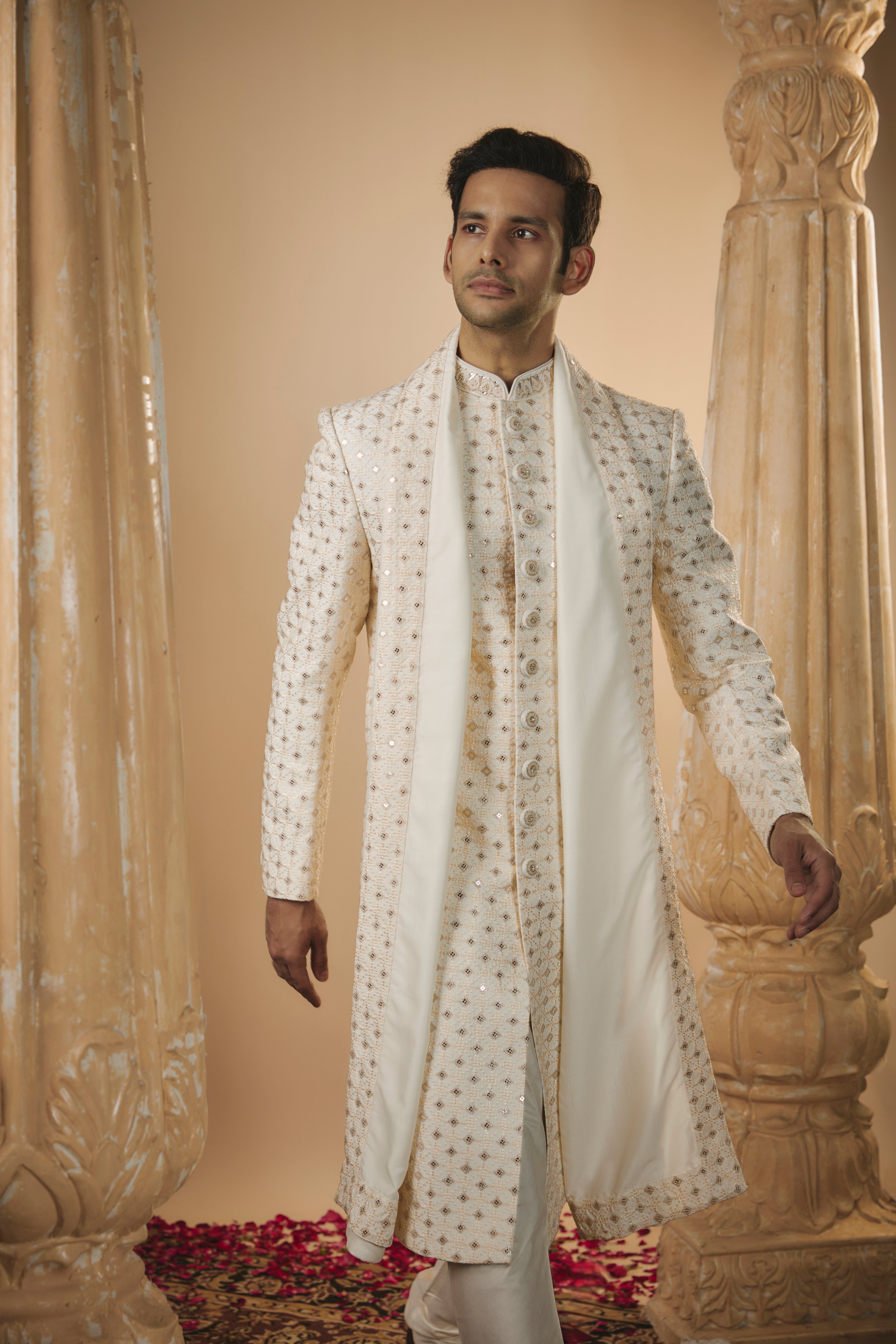 Off White lucknowi sequinned sherwani set