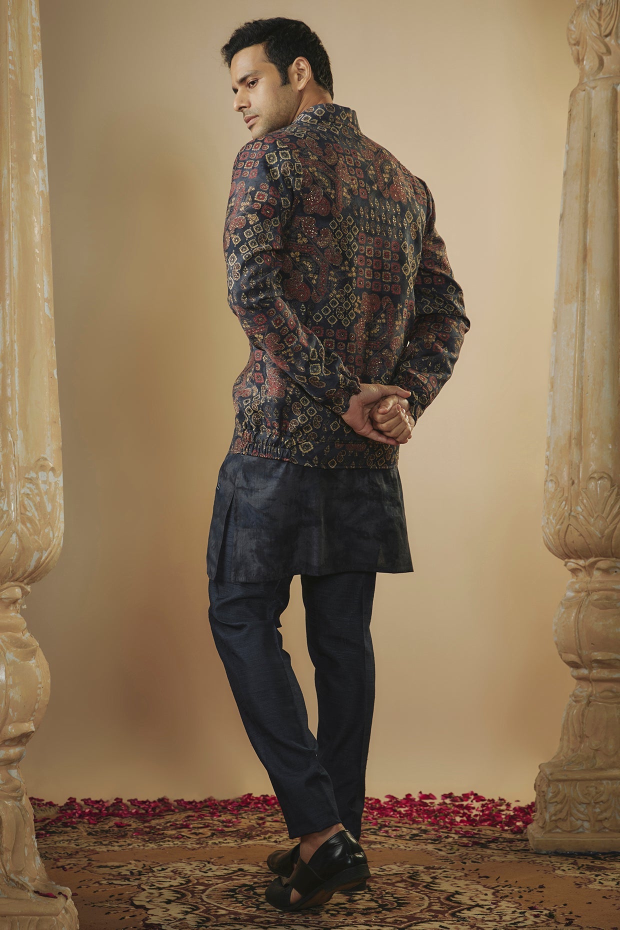 Midnight blue digital print art silk mirror and thread work kurta jacket set