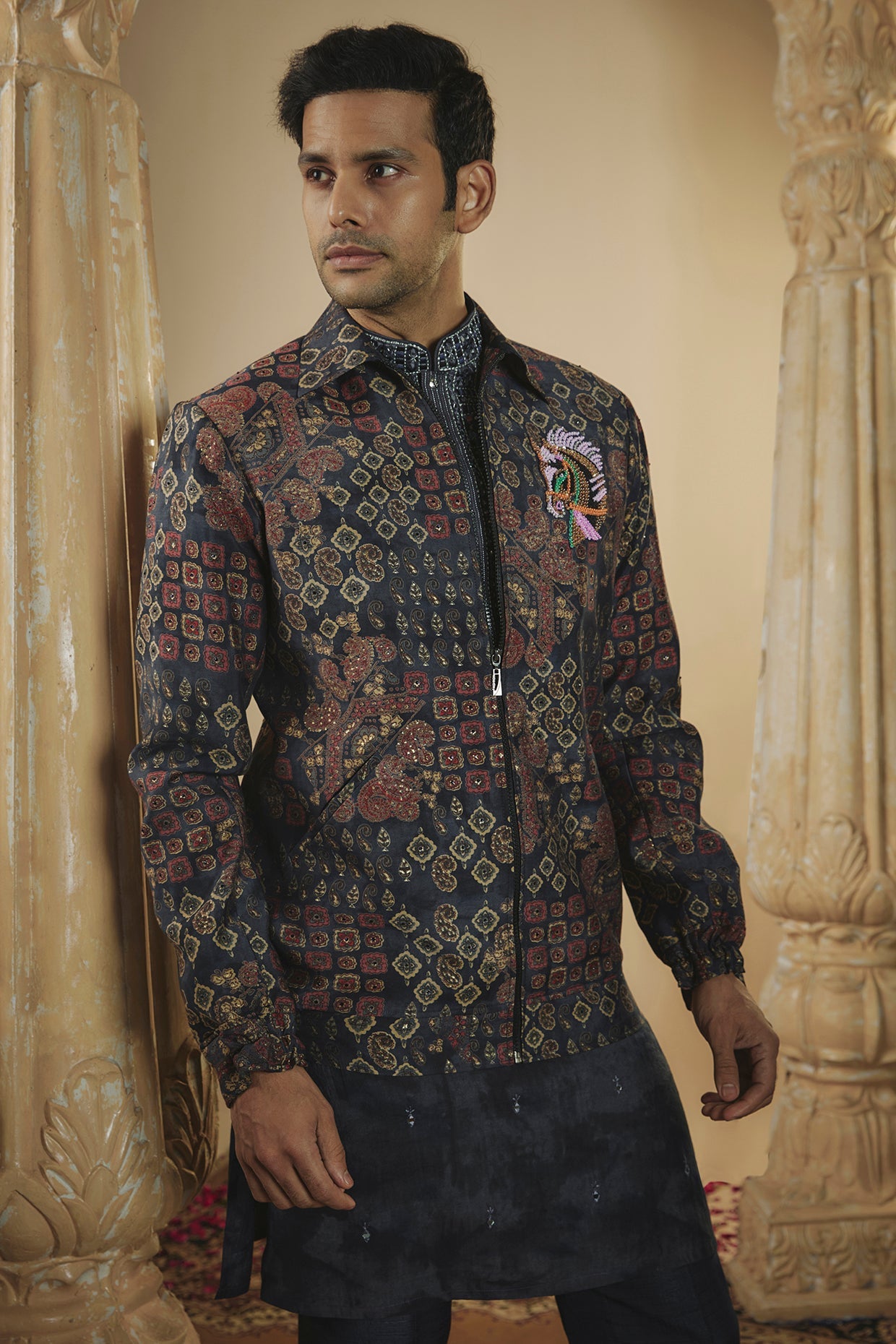 Midnight blue digital print art silk mirror and thread work kurta jacket set