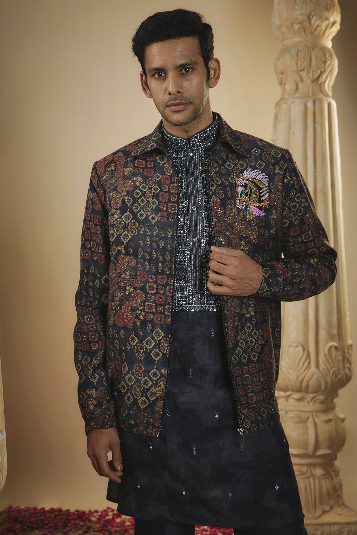 Midnight blue digital print art silk mirror and thread work kurta jacket set