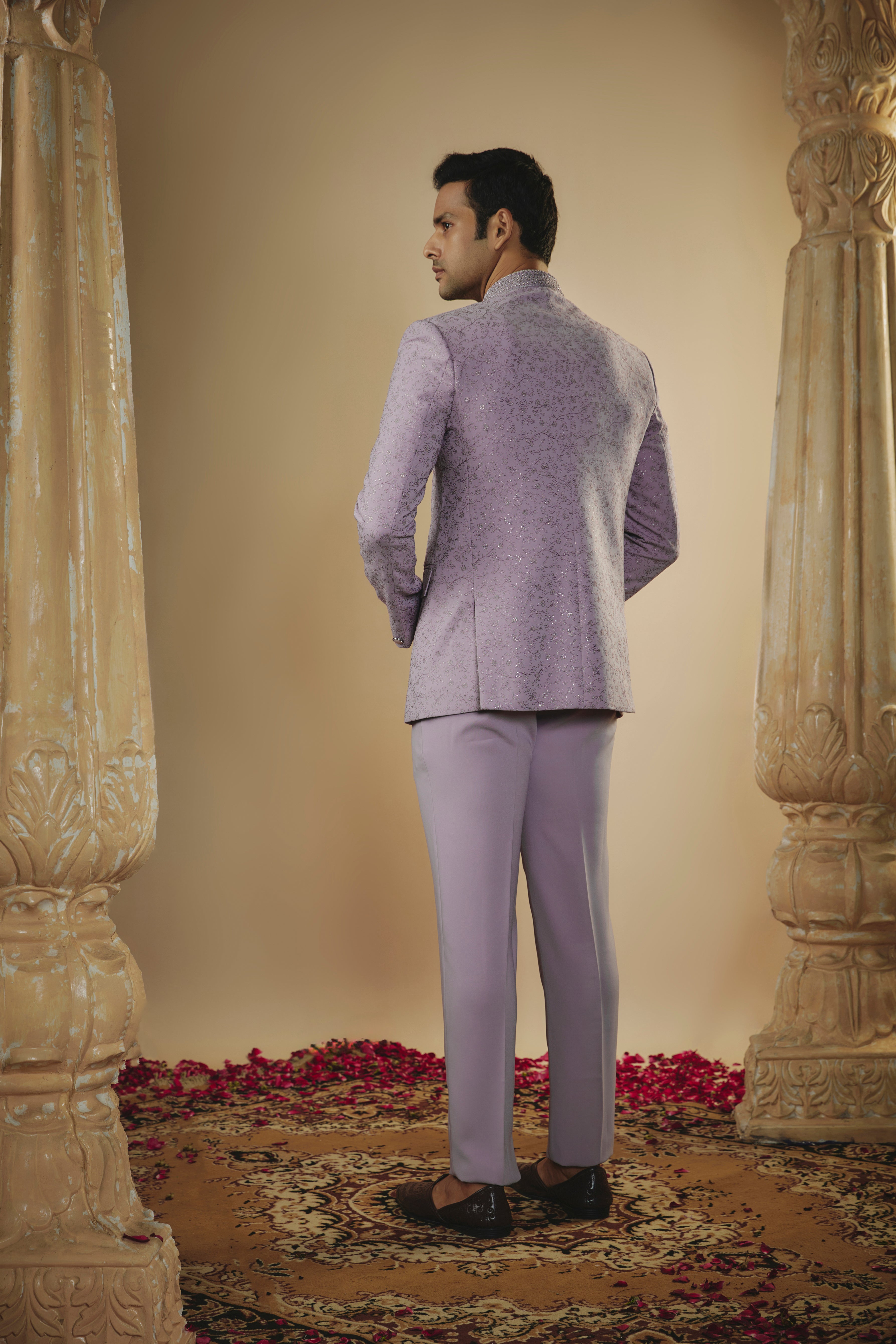 Pale mauve imported jacquard resham work jodhpuri set
