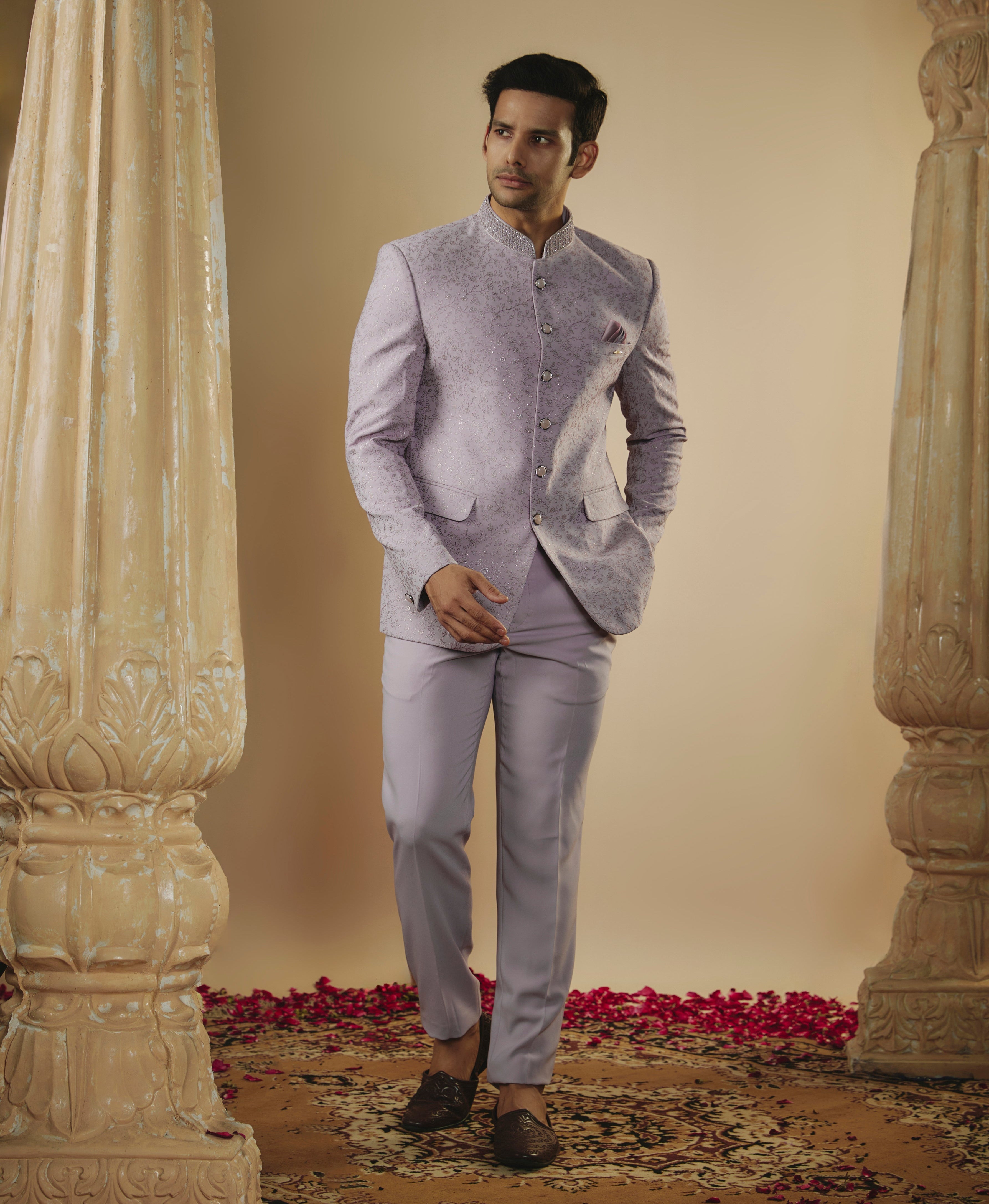 Pale mauve imported jacquard resham work jodhpuri set
