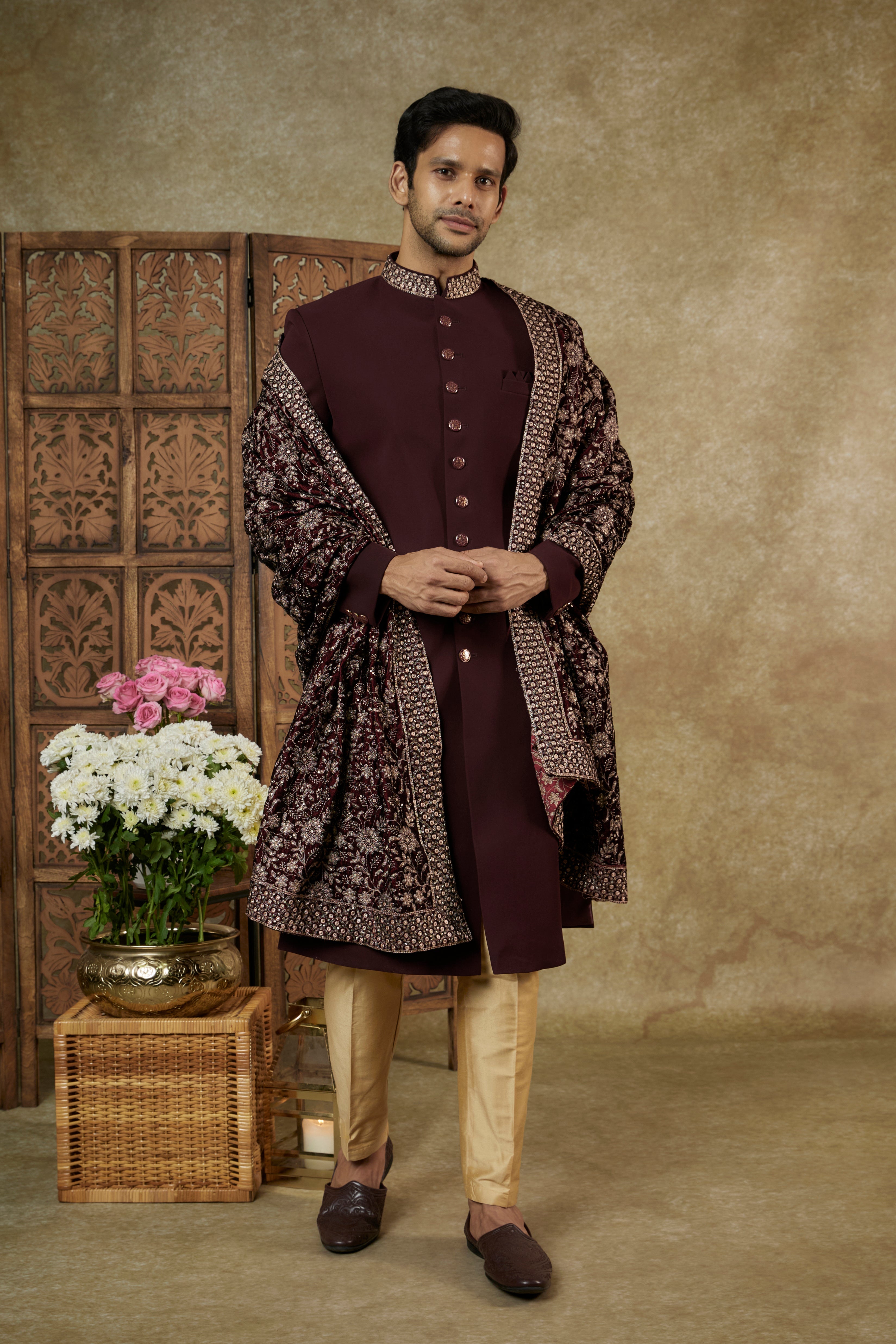 LUCKNOWI VELVET NAWABI SHERWANI SET