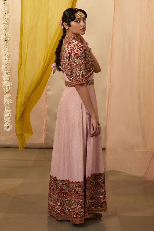Pink Slub Silk Embroidered Kashmiri Thread Round Neck Anarkali Set
