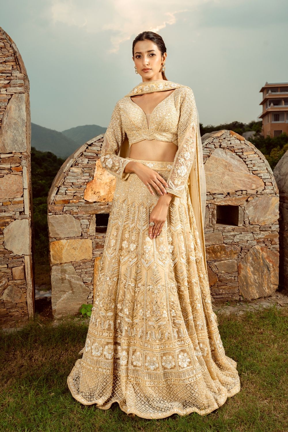 Beige net lehenga with sequins and hand cut dana work