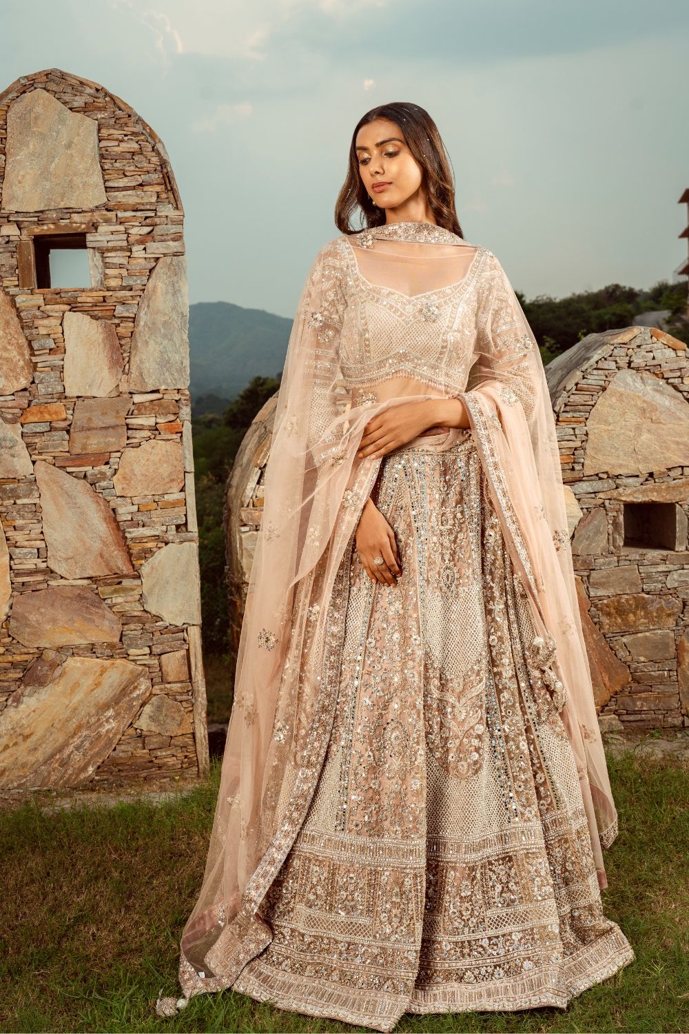 Soft champagne net lehenga with mirror, sequins and hand cut dana work