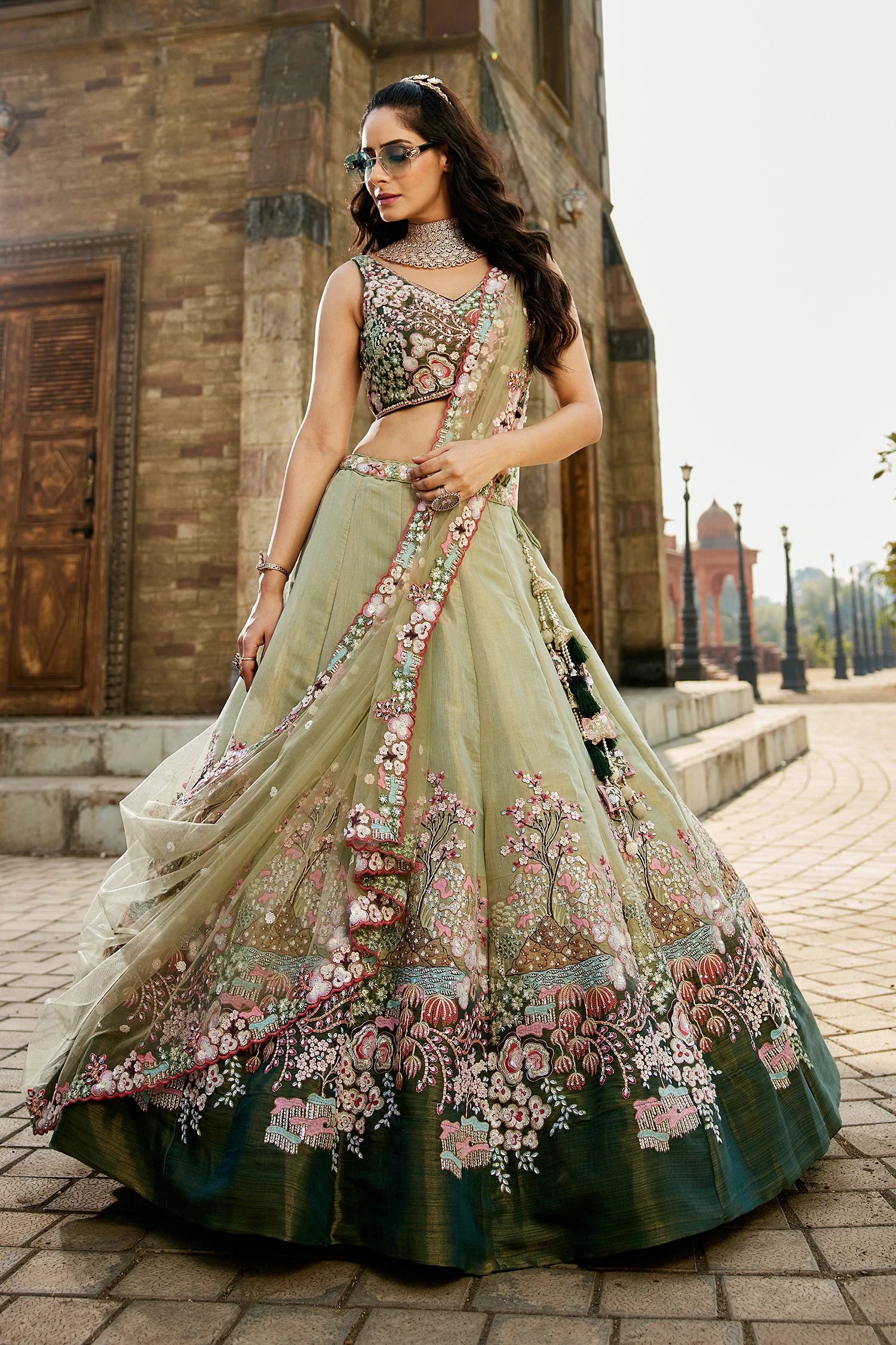Floral Embroidered Green Net Lehenga with Sequins & Flared Silhouette