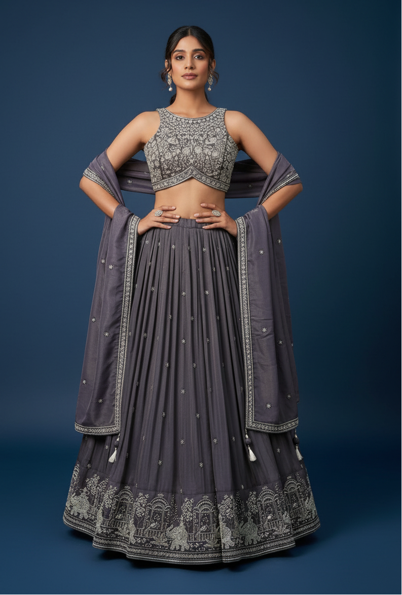 Purple Silk Lehenga Choli With Hand Embroidery