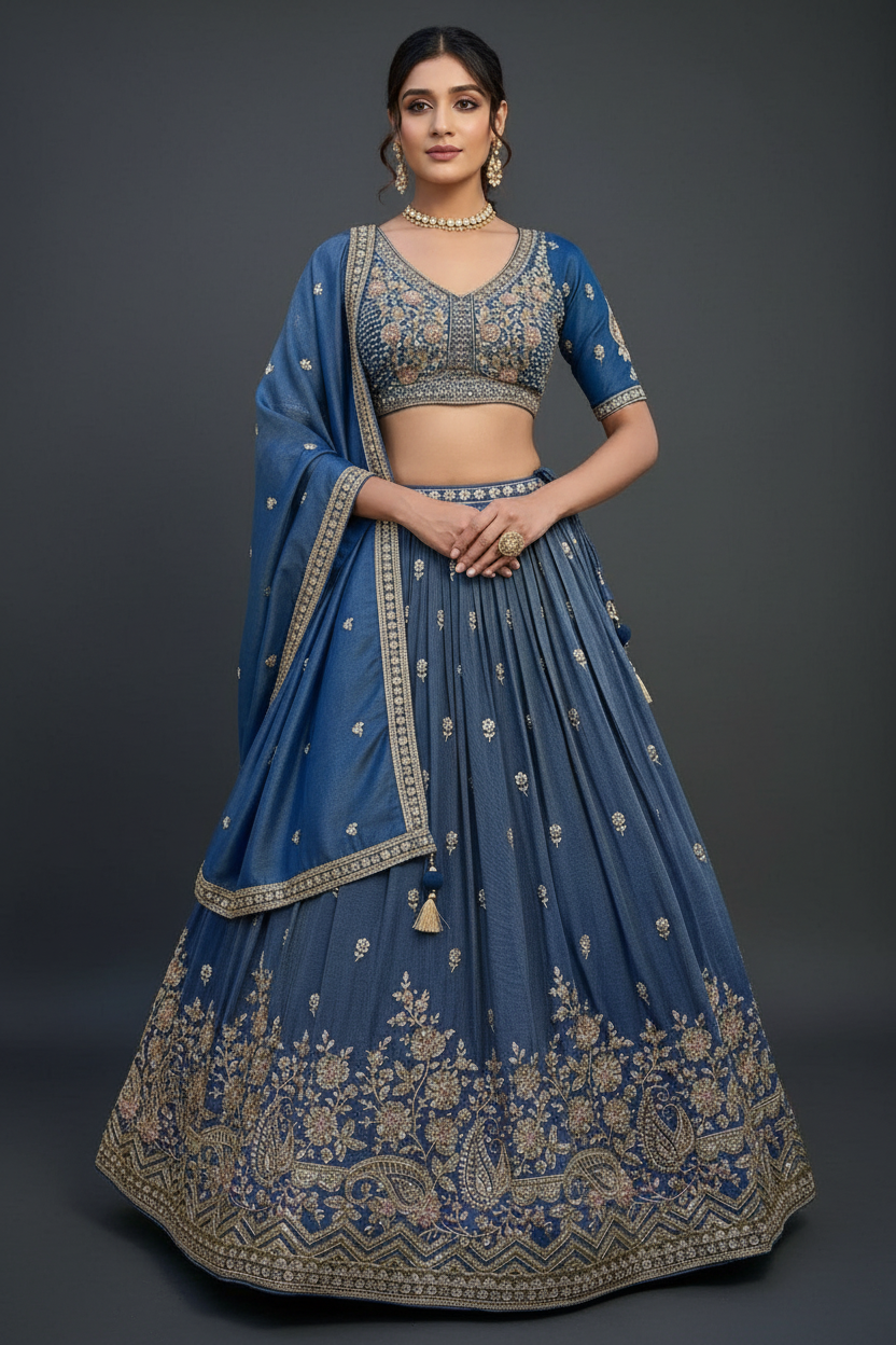 Blue Silk Lehenga Choli With Hand Embroidery