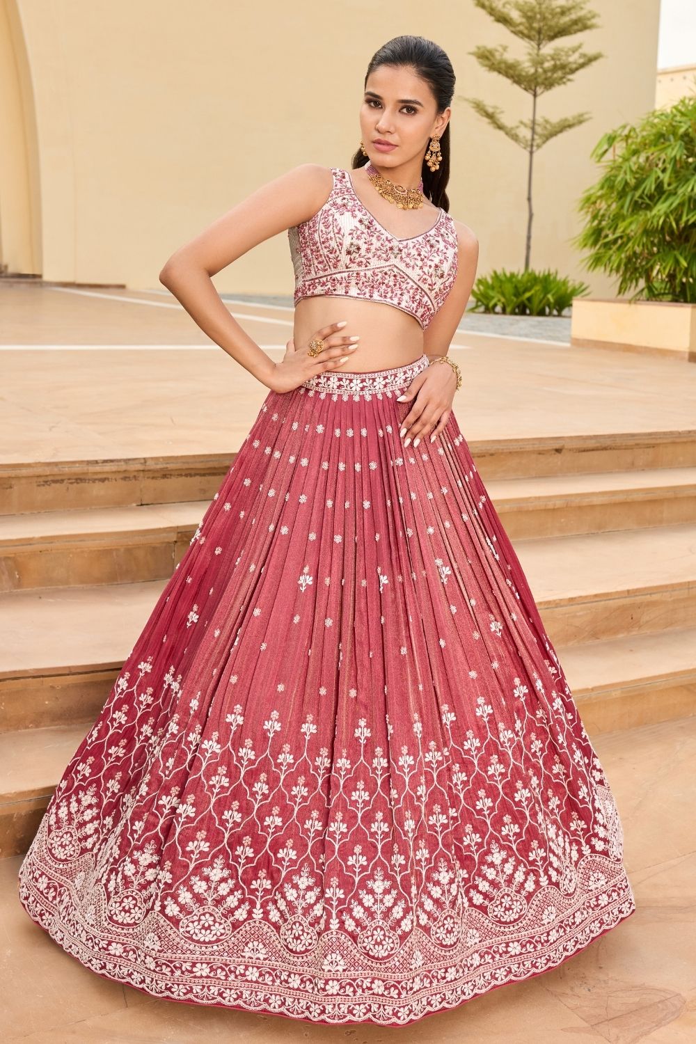 Dusty rose pink silk lehenga choli with sequins and hand cut dana work
