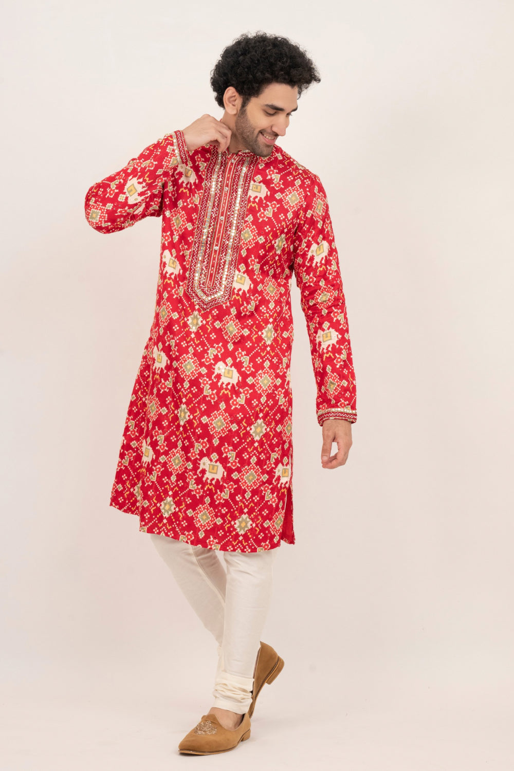 Bright red resham embroidered satin linen kurta set with kasab and mirror work