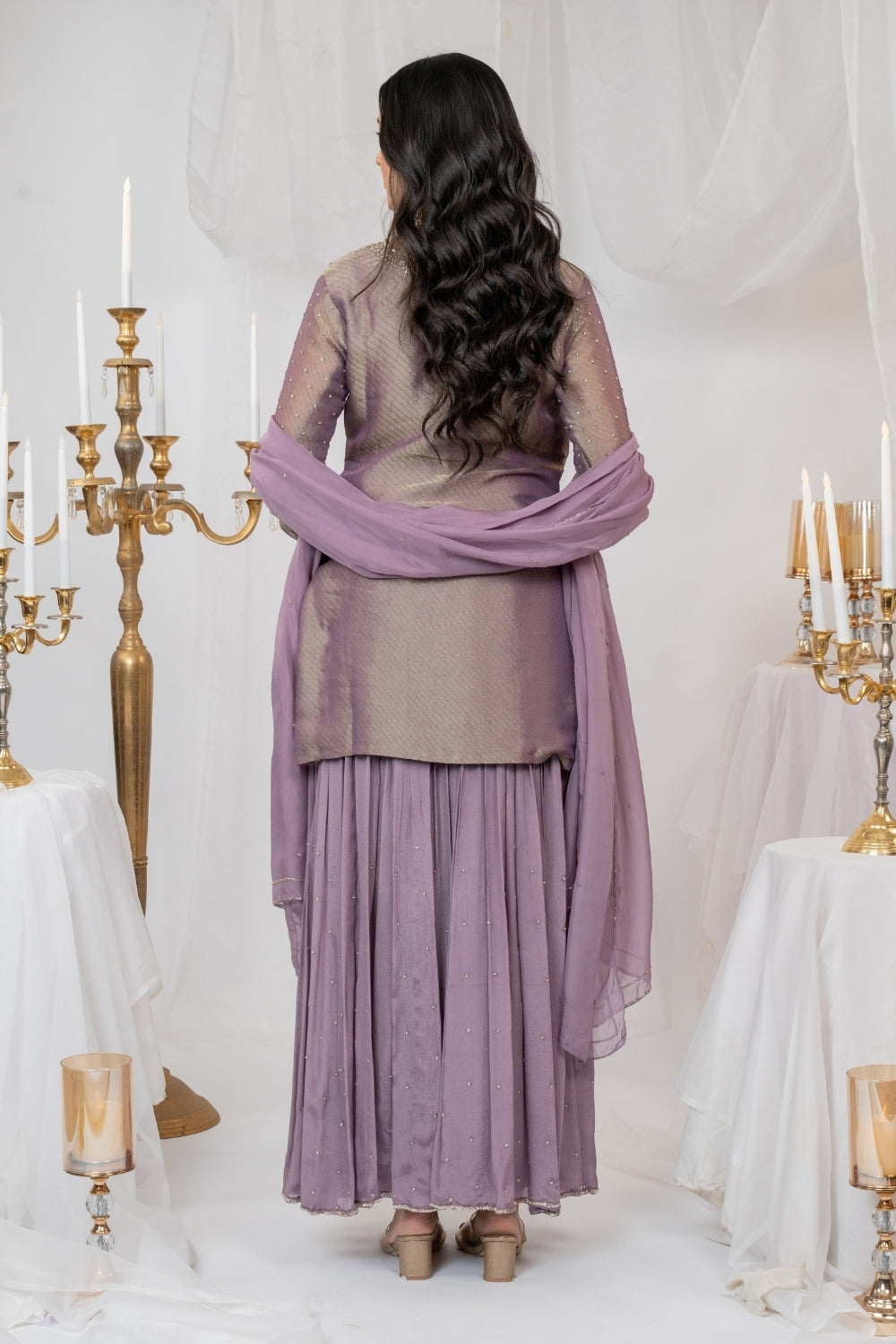Light Purple Tissue Suit Set with Moti and Cutdana Work