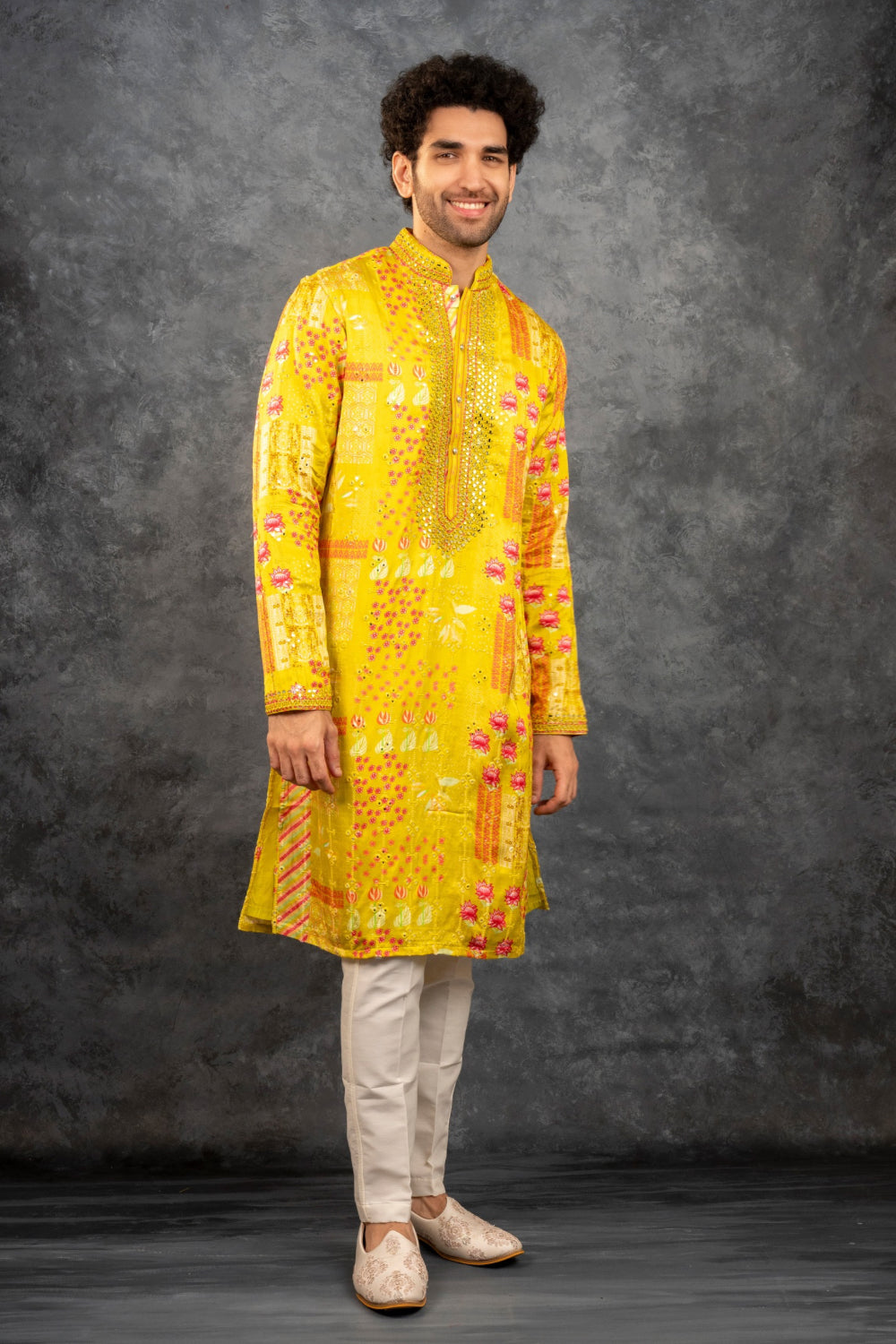 Yellow printed silk kurta set with mirror embroidery