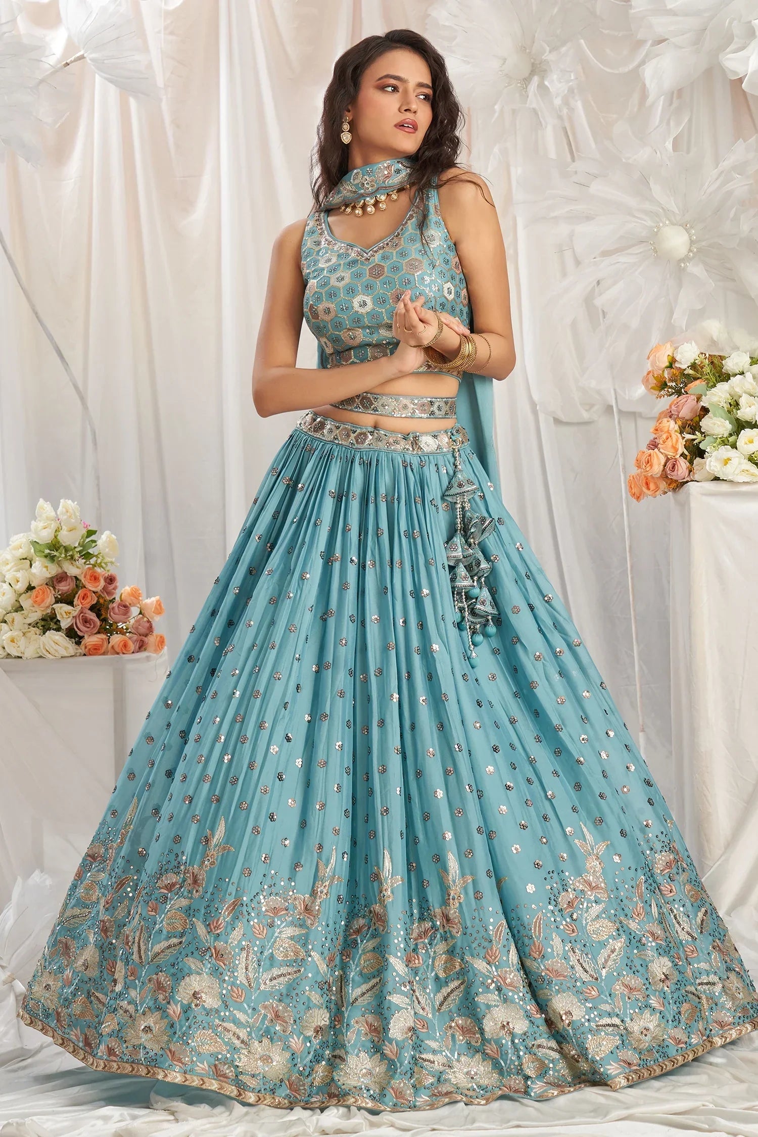 Turquoise Blue Georgette Lehenga with All-Over Sequin Embroidery