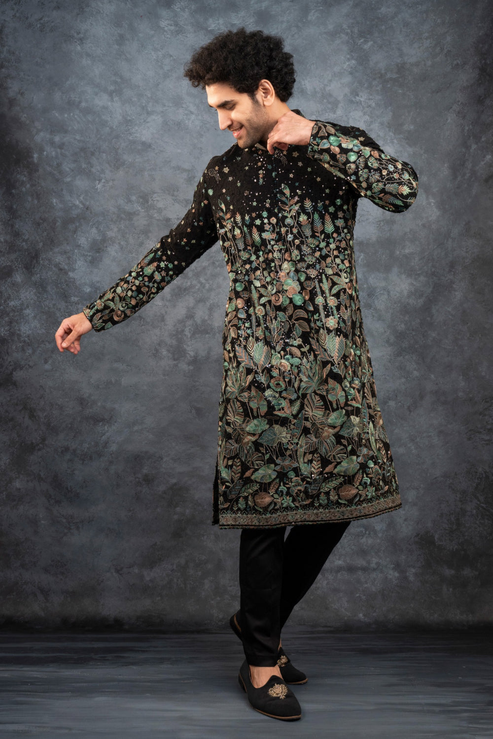 Black silk kurta set with multicolour resham embroidery and sequins work