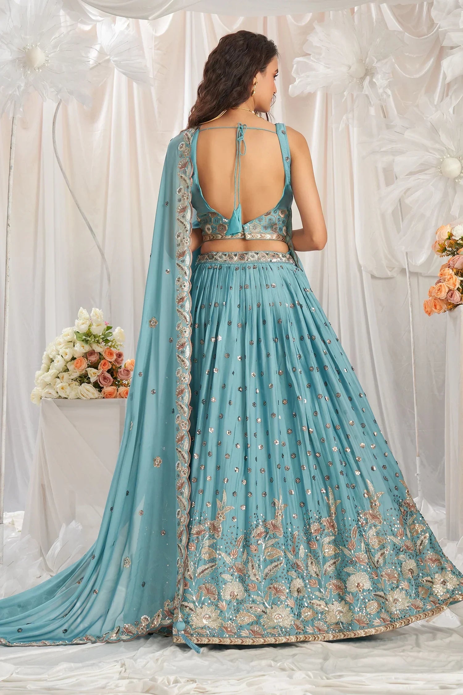 Turquoise Blue Georgette Lehenga with All-Over Sequin Embroidery