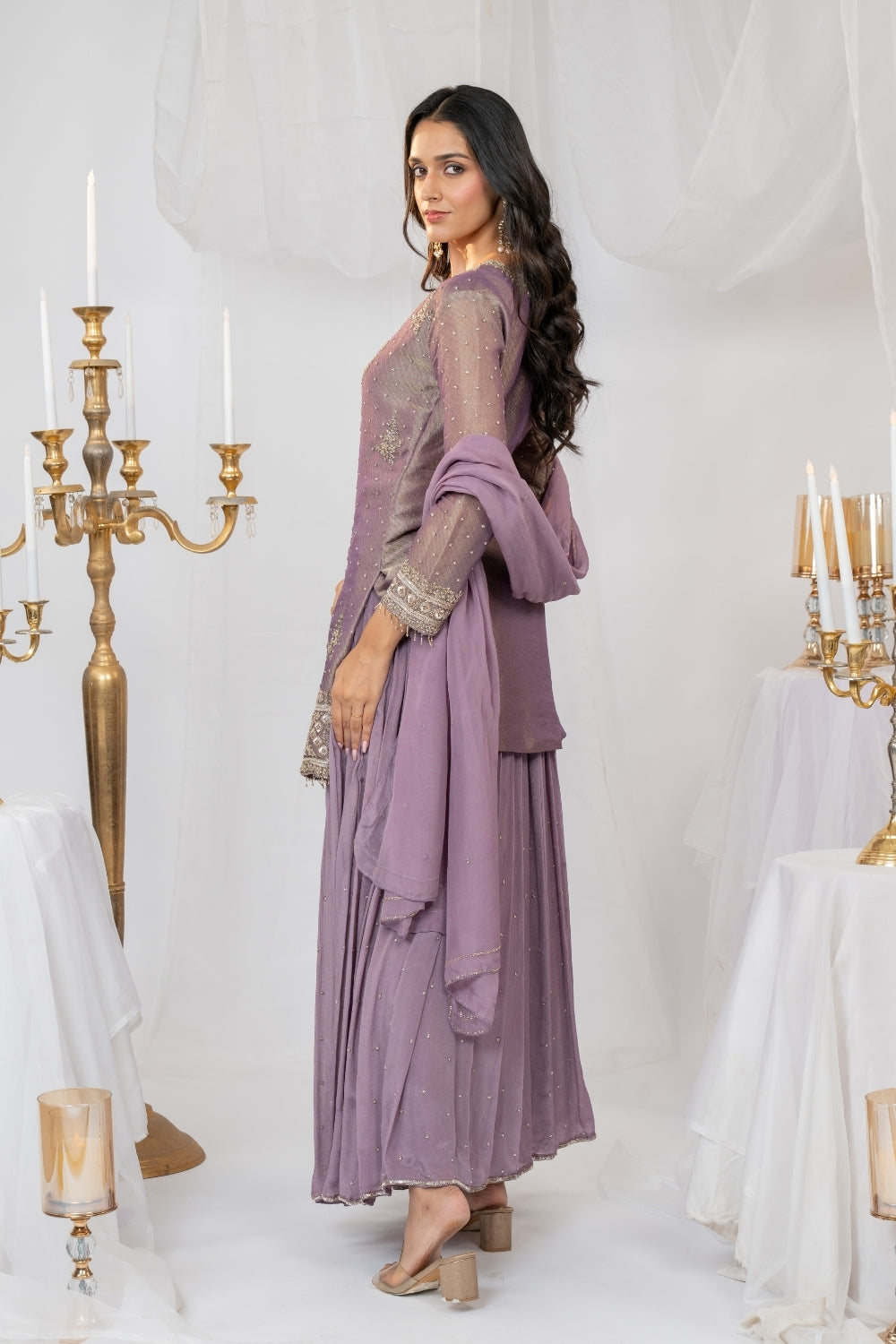 Light Purple Tissue Suit Set with Moti and Cutdana Work
