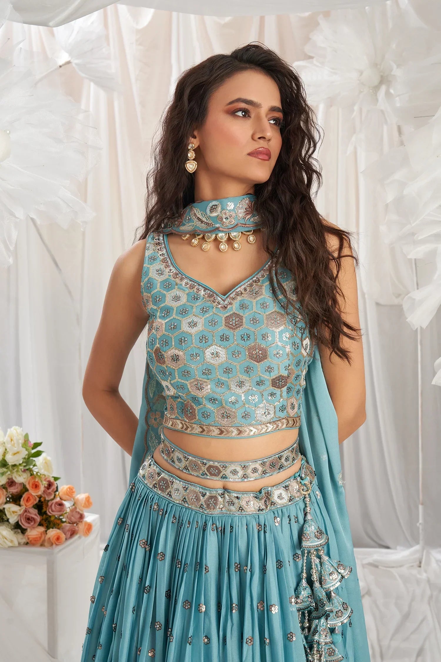 Turquoise Blue Georgette Lehenga with All-Over Sequin Embroidery