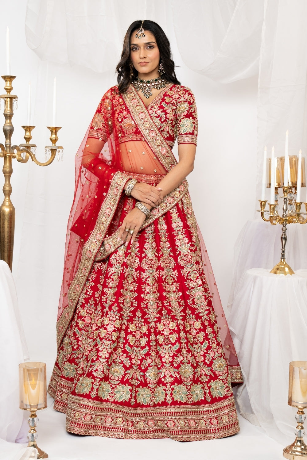 Red Raw Silk Bridal Lehenga Choli Set with Sequins and Resham Embroidery